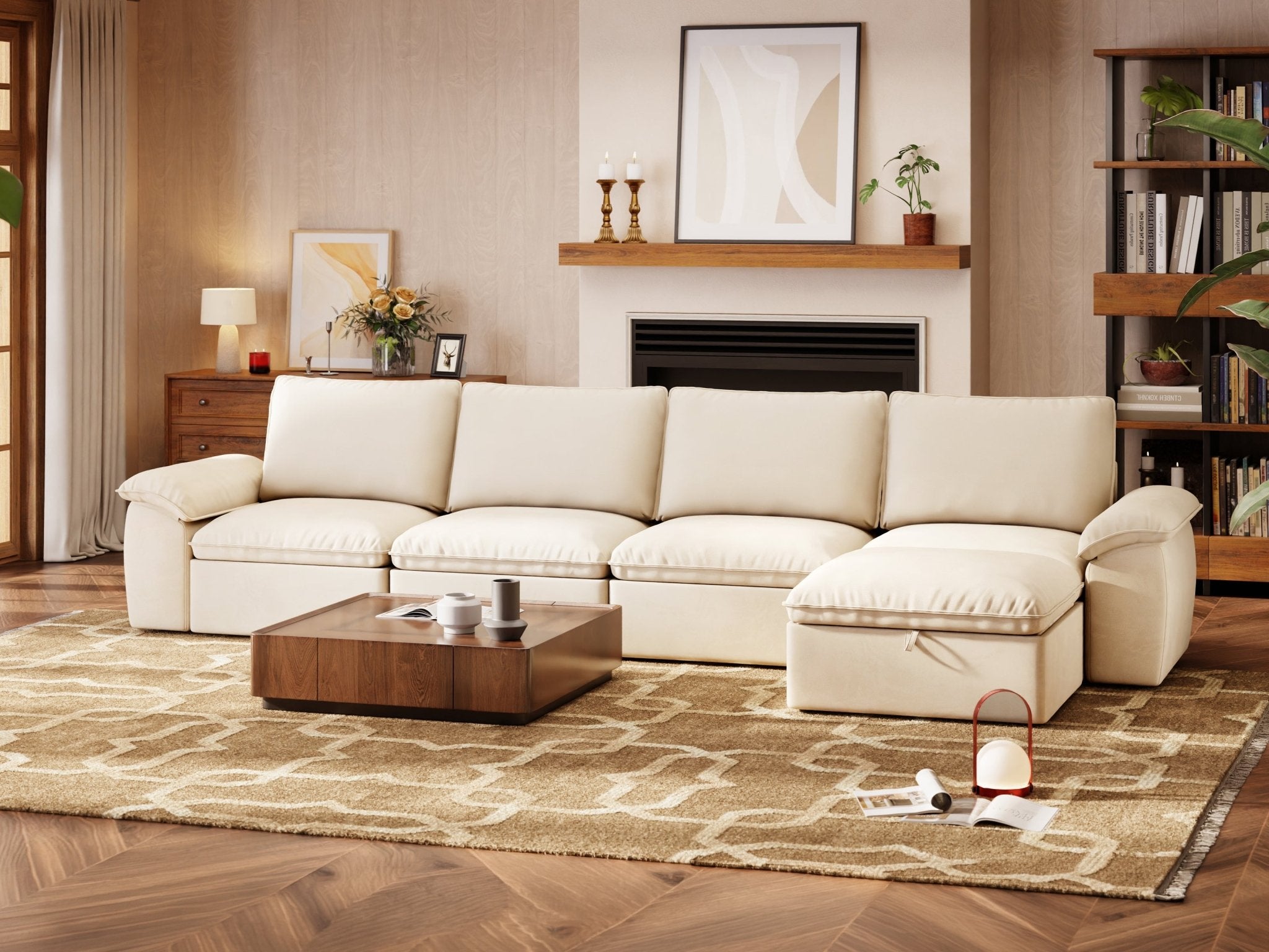 SOMA Origins II oat beige 5 seat L-shaped modular recliner sofa with nap armrests and ottoman