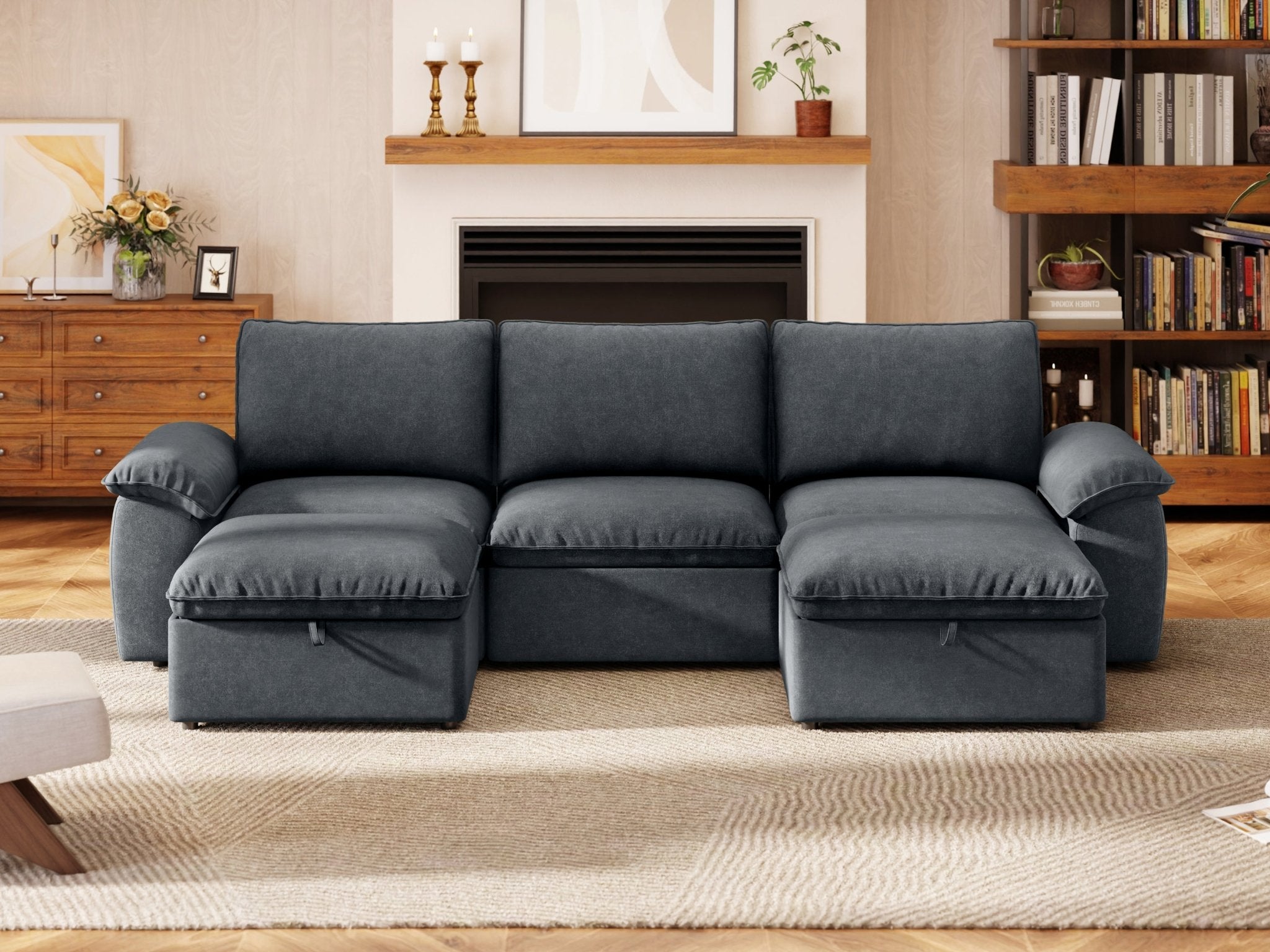 SOMA Origins II charcoal gray 5 seat U-shaped modular recliner sofa with nap armrests and ottoman