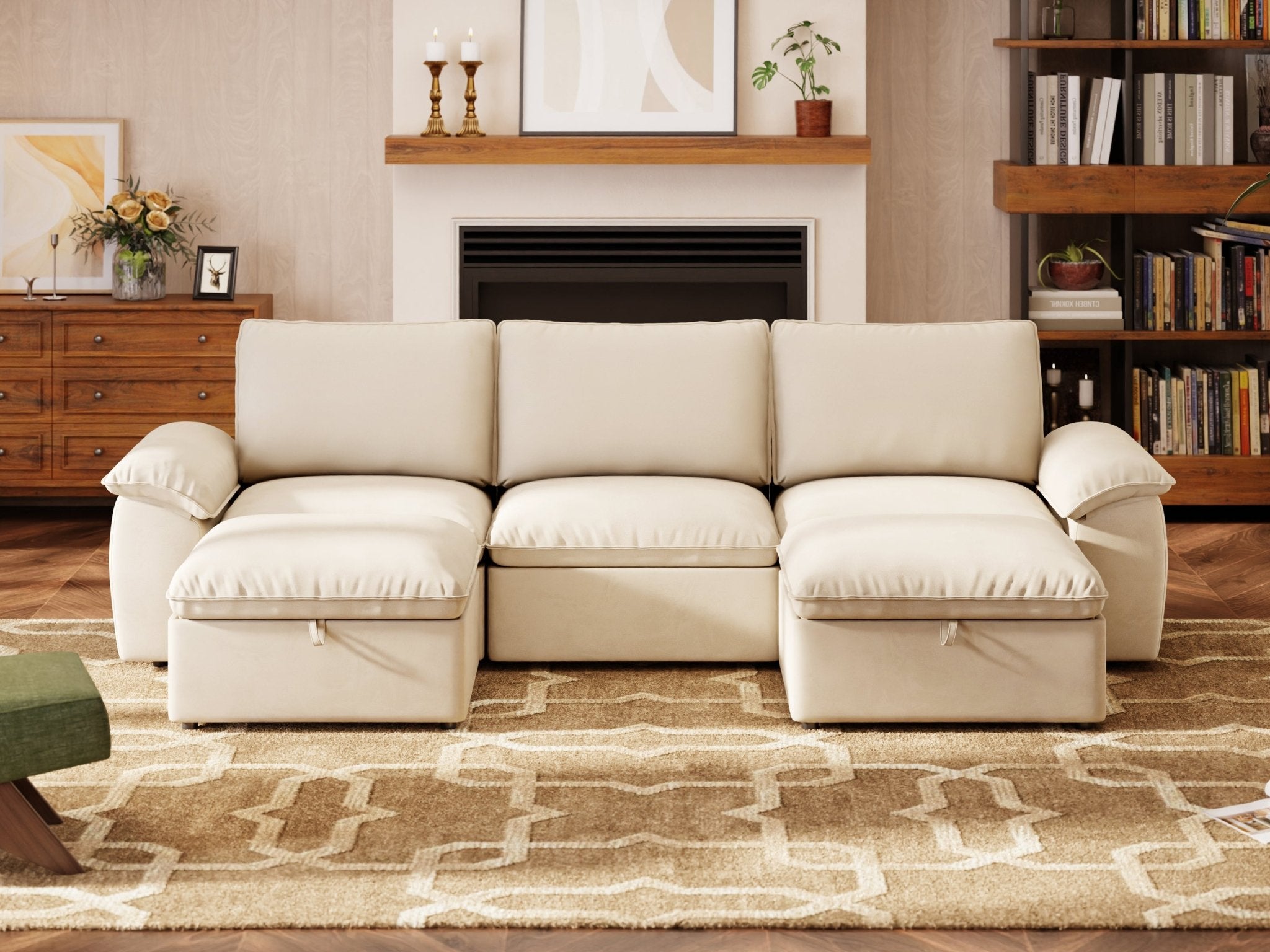 SOMA Origins II oat beige 5 seat U-shaped modular recliner sofa with nap armrests and ottoman