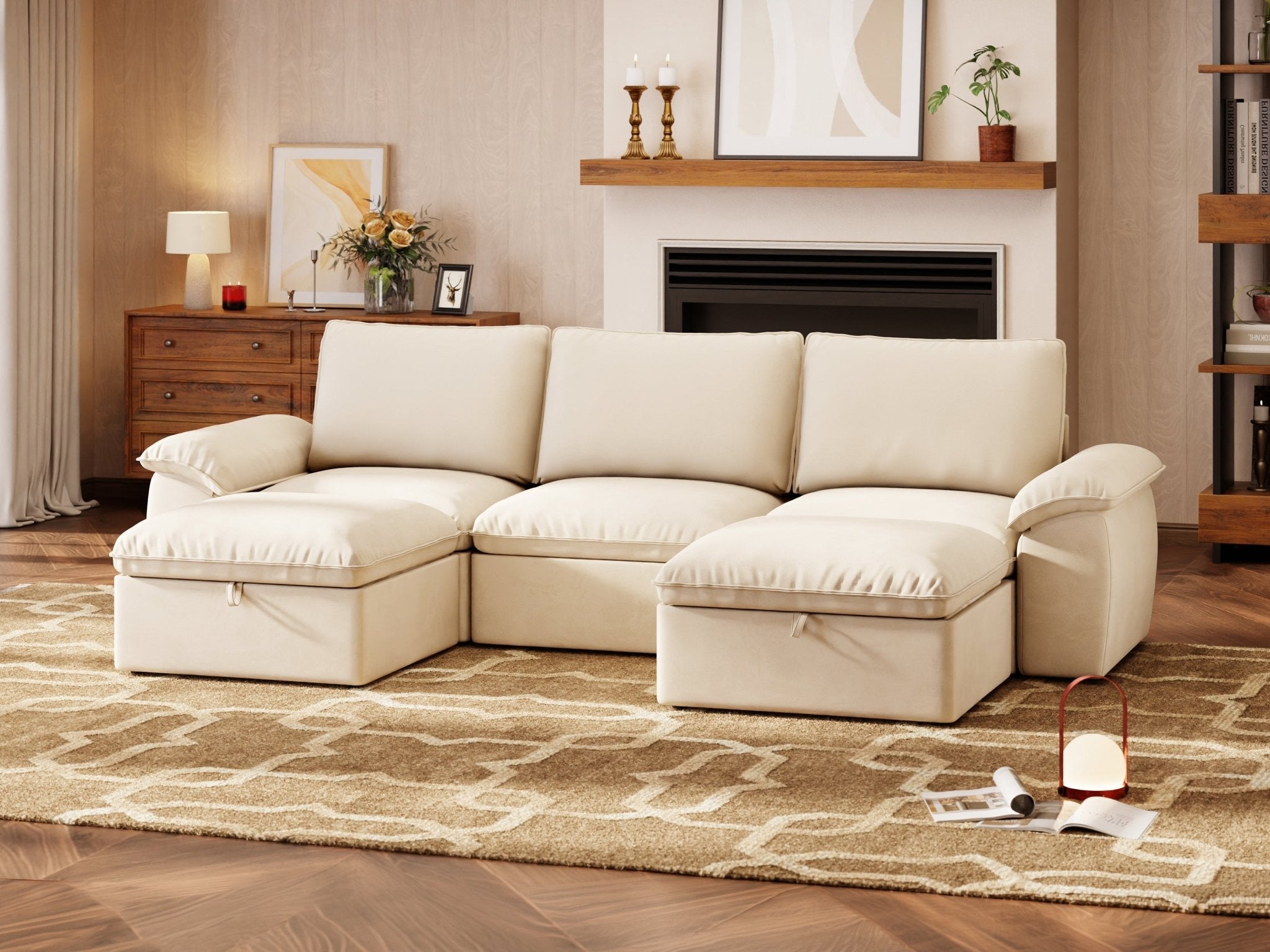SOMA Origins II oat beige 5 seat U-shaped modular recliner sofa with nap armrests and ottoman