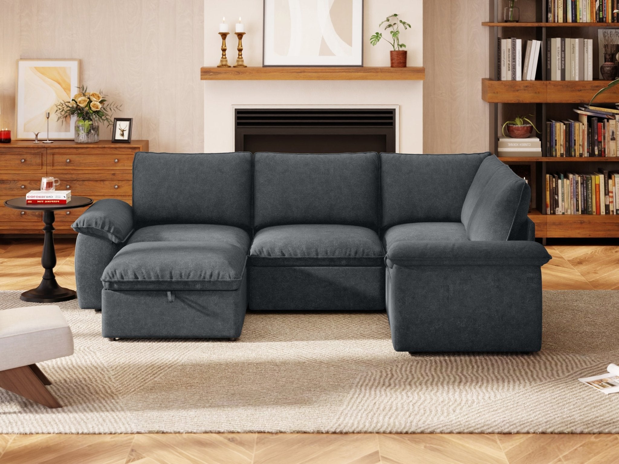 SOMA Origins II charcoal gray 5 seat V-shaped modular recliner sofa with nap armrests and ottoman