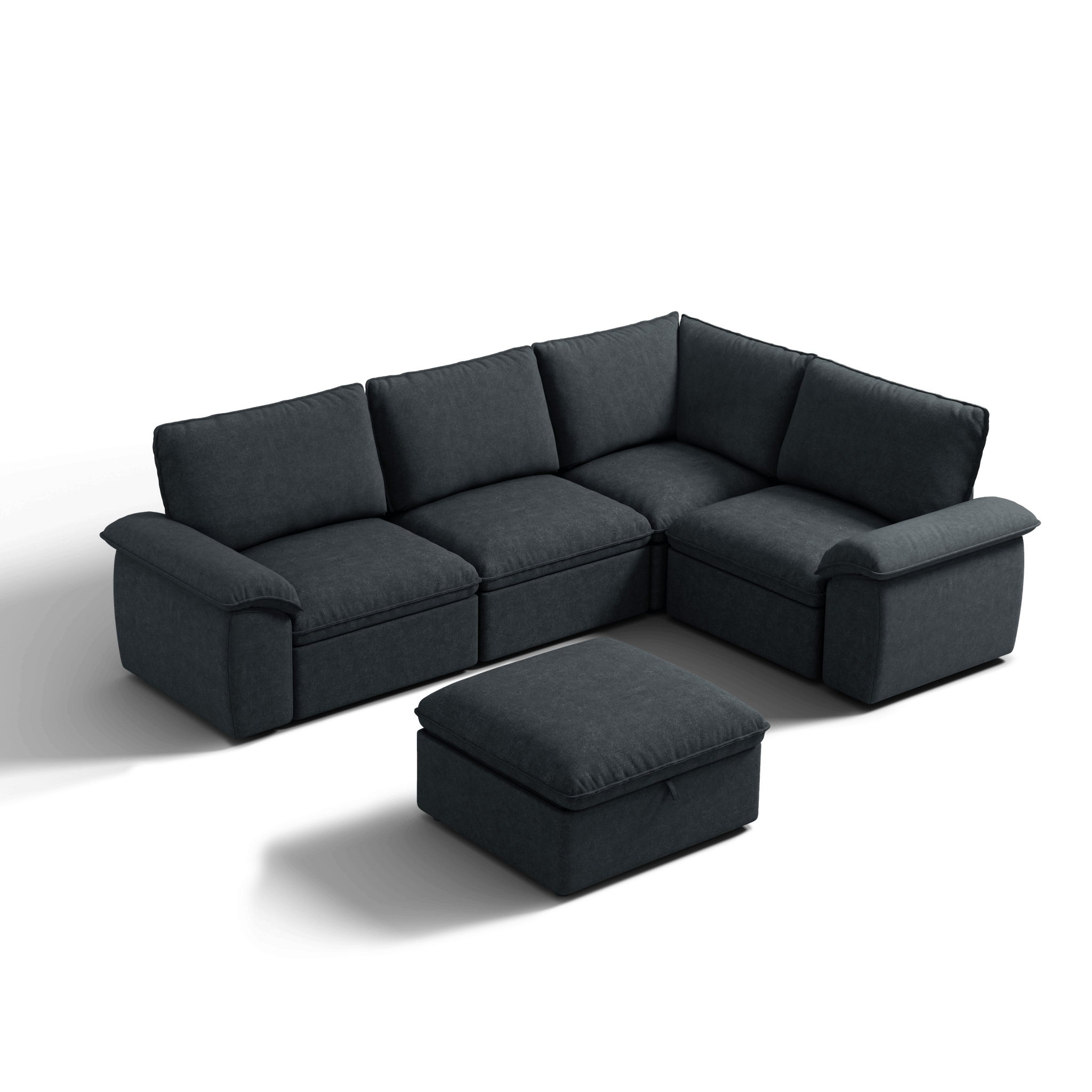SOMA Origins II charcoal gray 5 seat V-shaped modular recliner sofa with nap armrests and ottoman