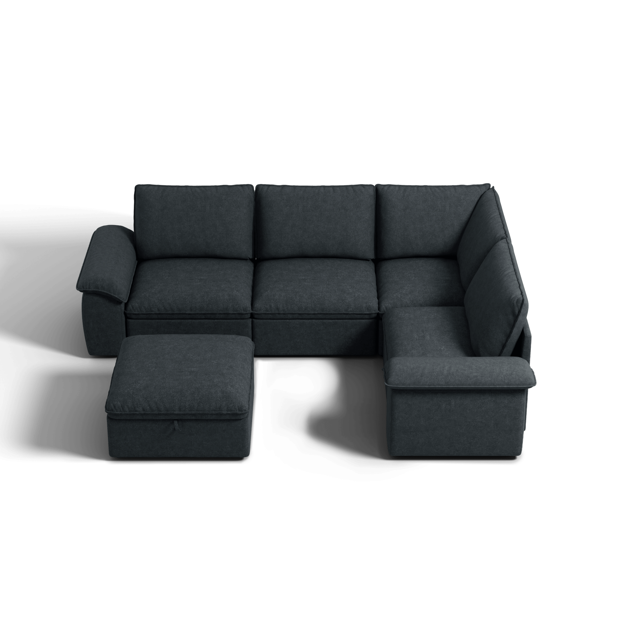 SOMA Origins II charcoal gray V-shaped sofa bed layout with chaise and nap armrests
