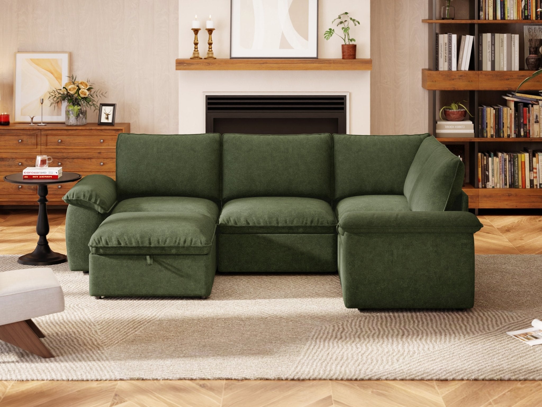 SOMA Origins II forest green 5 seat V-shaped modular recliner sofa with nap armrests and ottoman