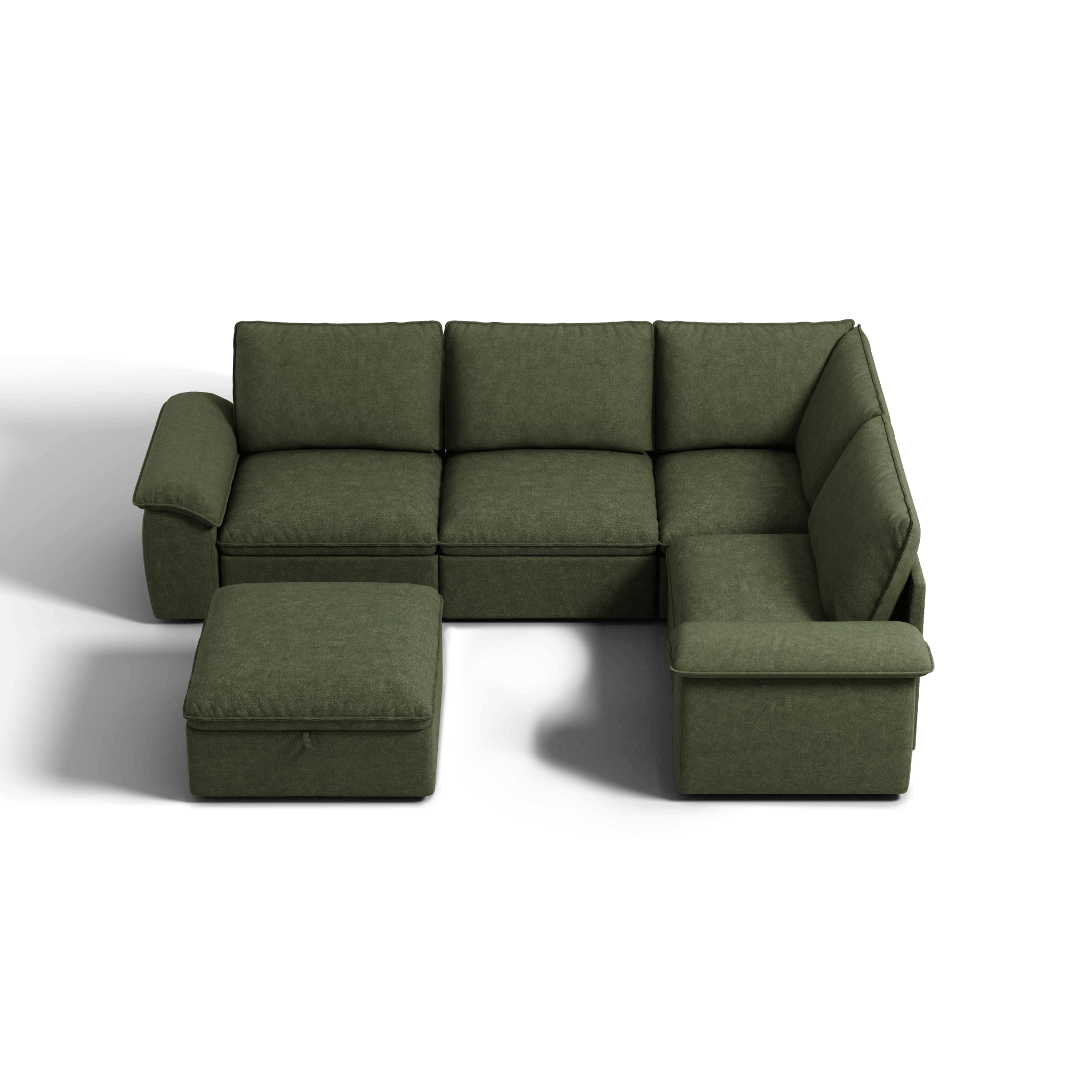SOMA Origins II forest green V-shaped sofa bed layout with chaise and nap armrests