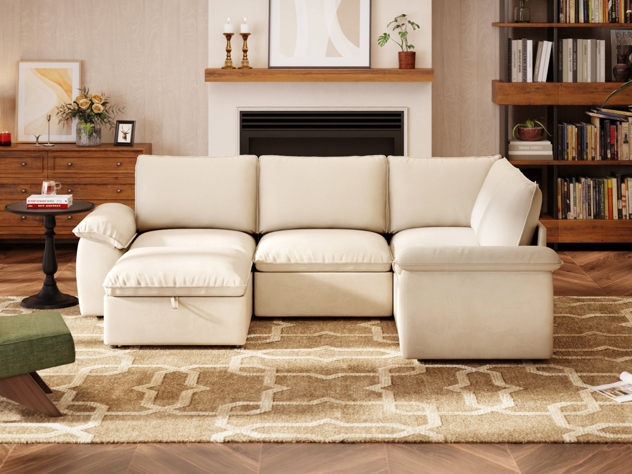 SOMA Origins II oat beige 5 seat V-shaped modular recliner sofa with nap armrests and ottoman