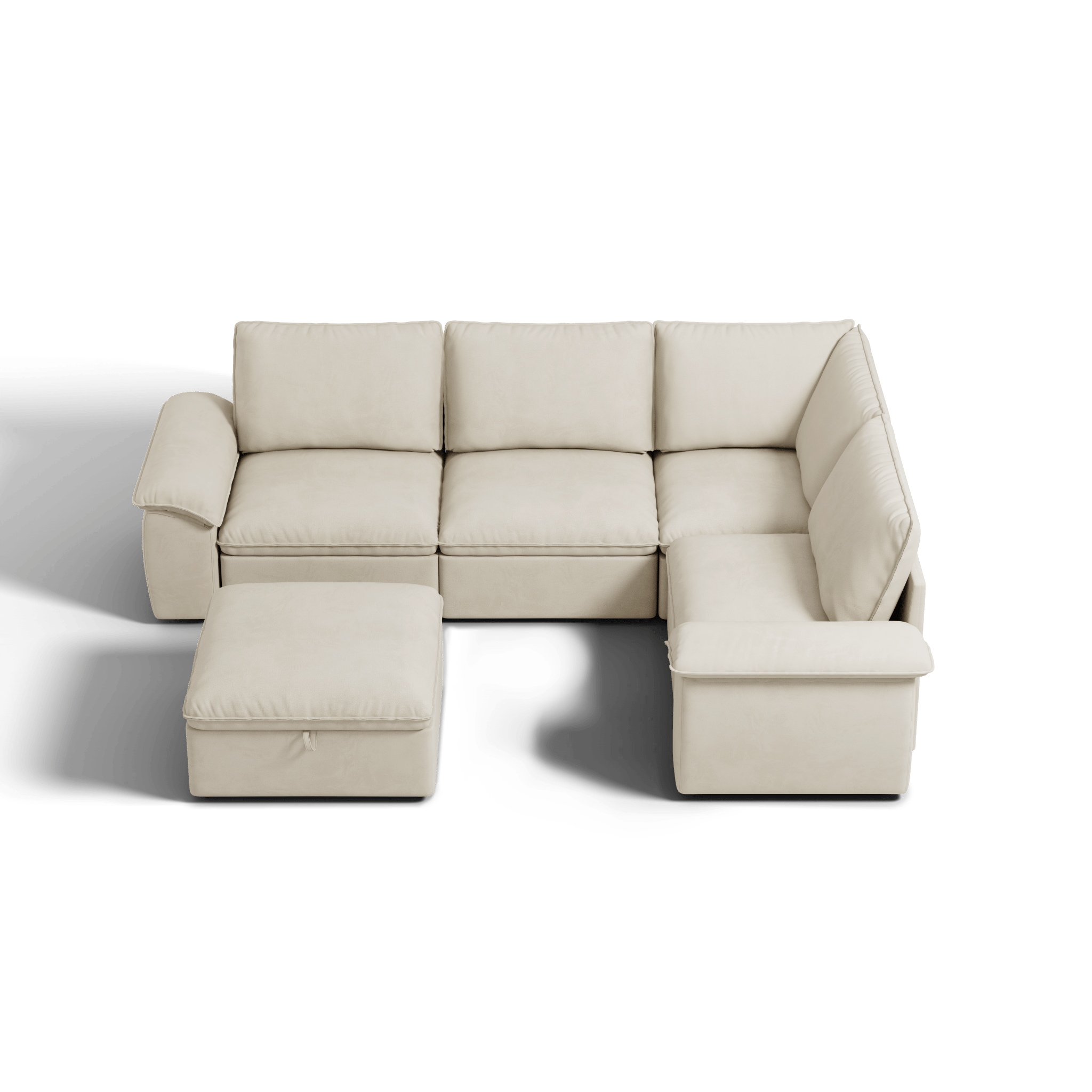 SOMA Origins II oat beige V-shaped sofa bed layout with chaise and nap armrests