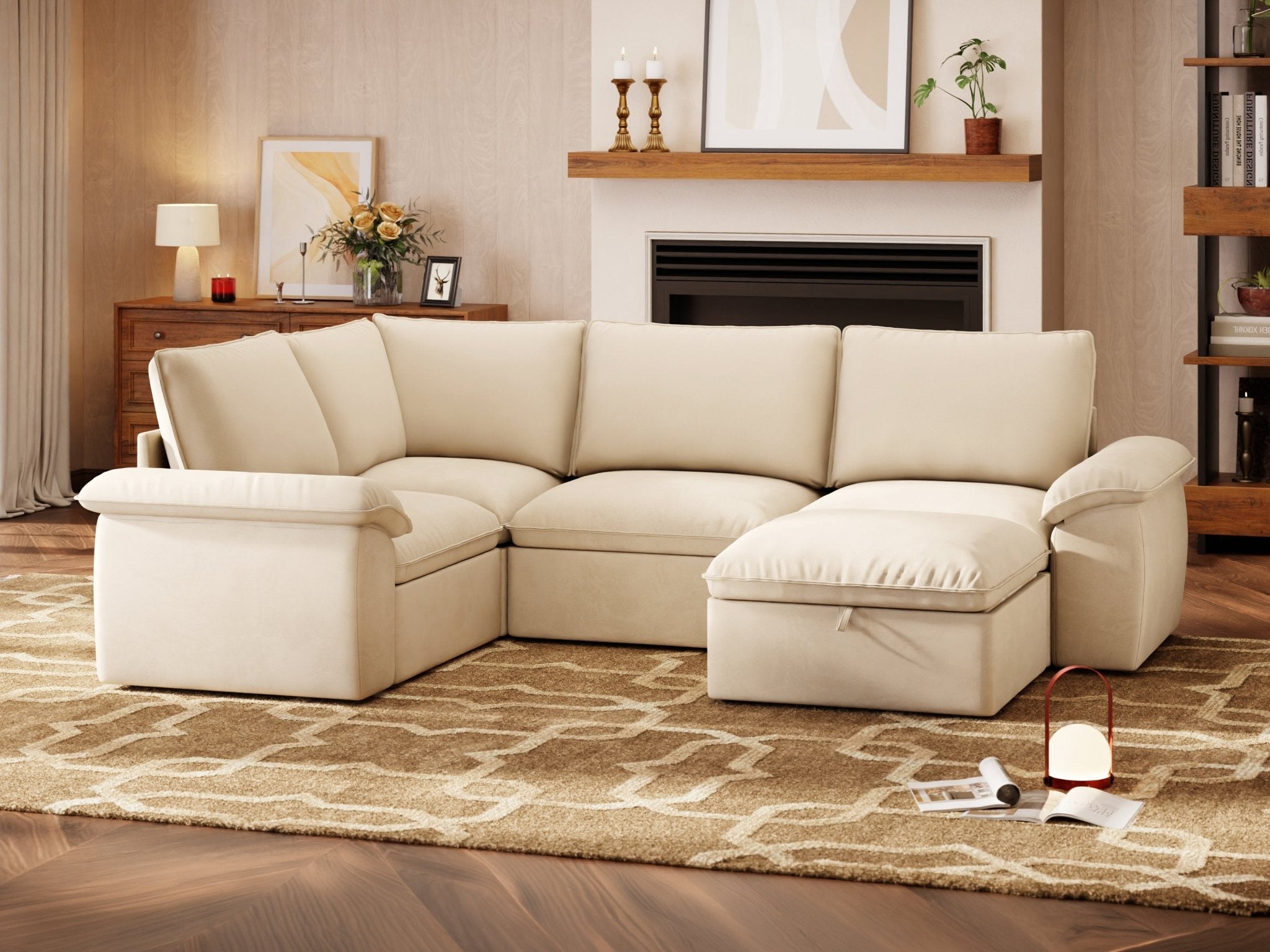 SOMA Origins II oat beige 5 seat V-shaped modular recliner sofa with nap armrests and ottoman