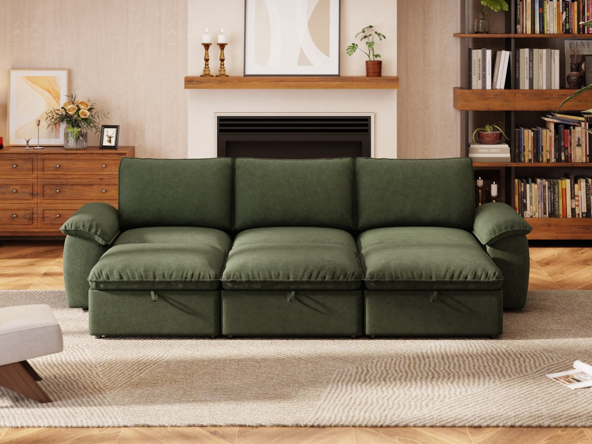 SOMA Origins II forest green 6 seat modular recliner sofa with nap armrests and ottoman