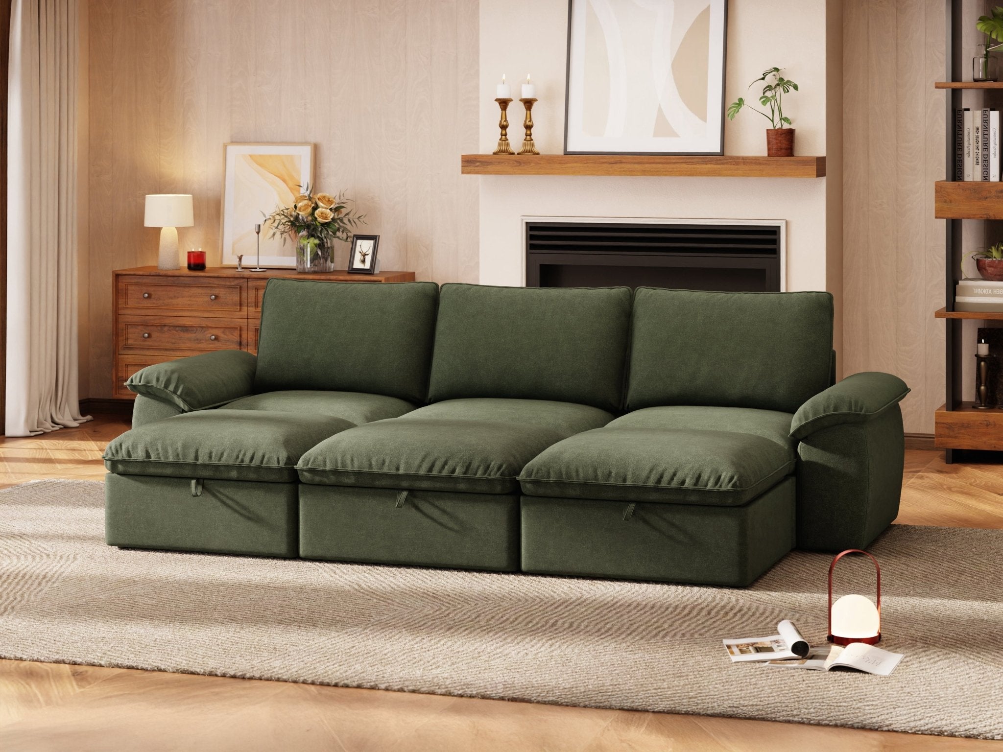 SOMA Origins II forest green 6 seat modular recliner sofa with nap armrests and ottoman