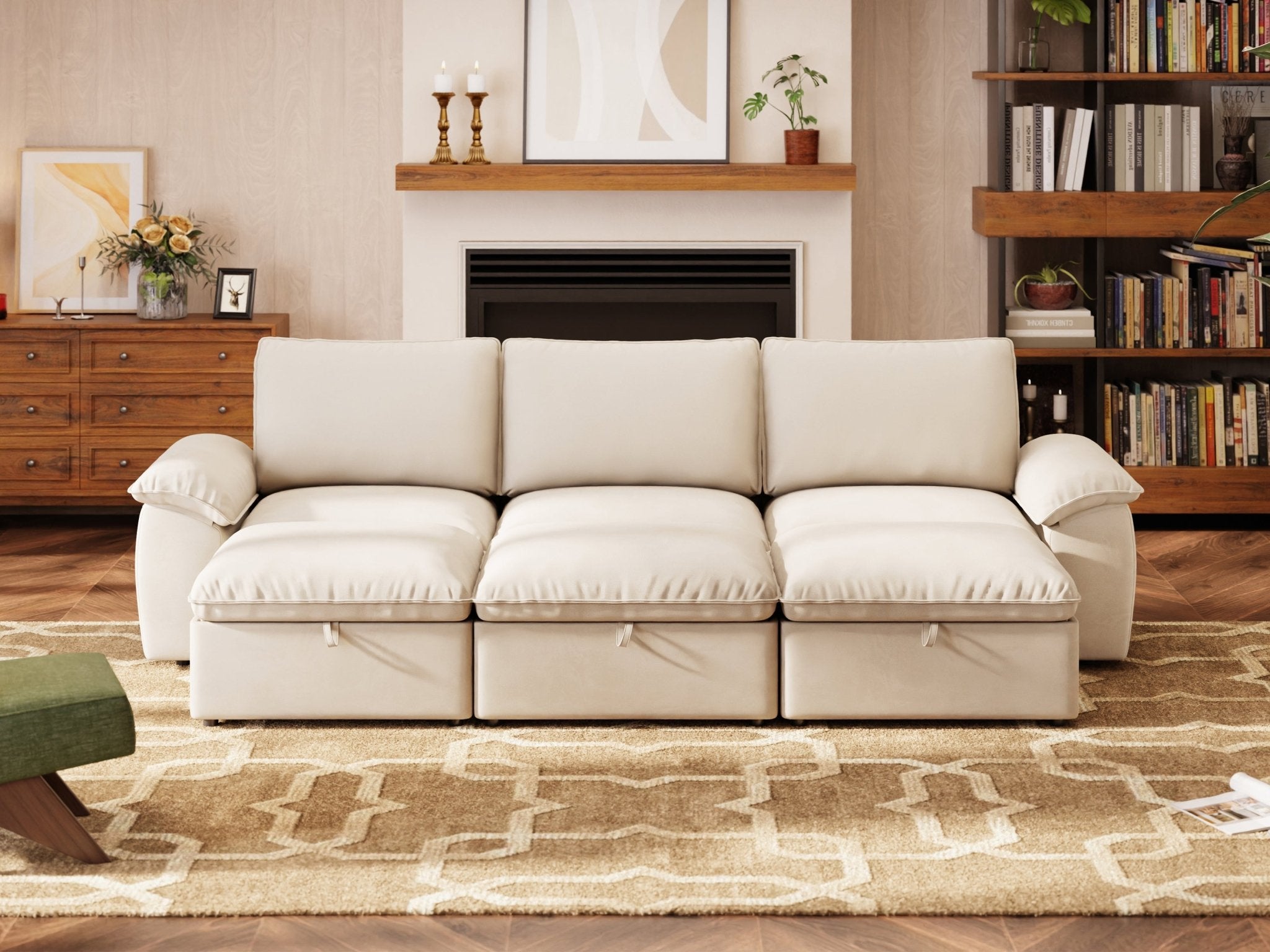 SOMA Origins II oat beige 6 seat modular recliner sofa with nap armrests and ottoman