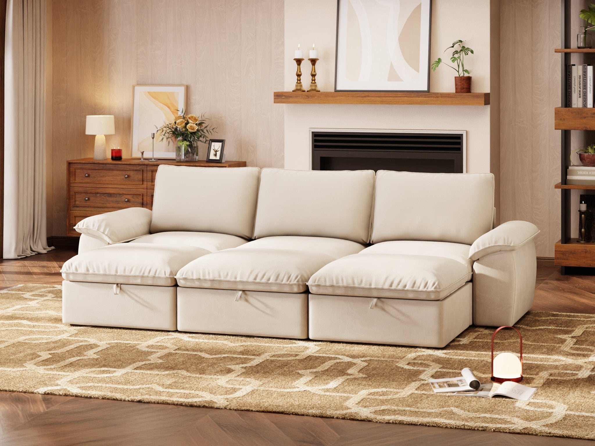 SOMA Origins II oat beige 6 seat modular recliner sofa with nap armrests and ottoman
