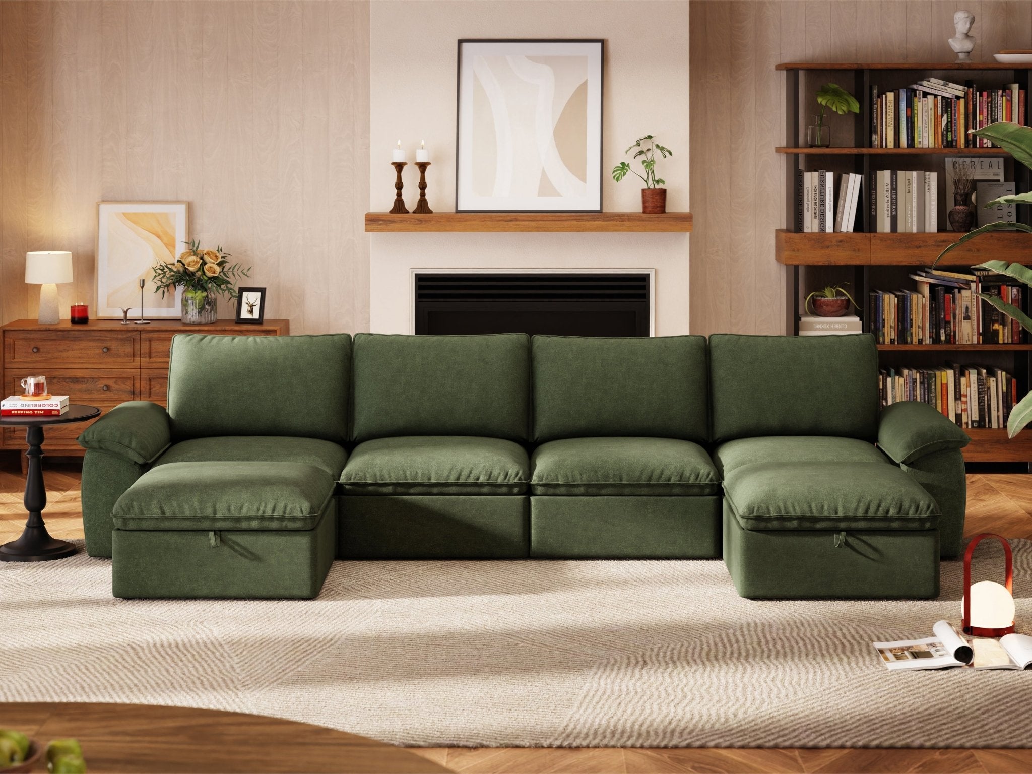 SOMA Origins II forest green 6 seat U-shaped modular recliner sofa with nap armrests and ottoman