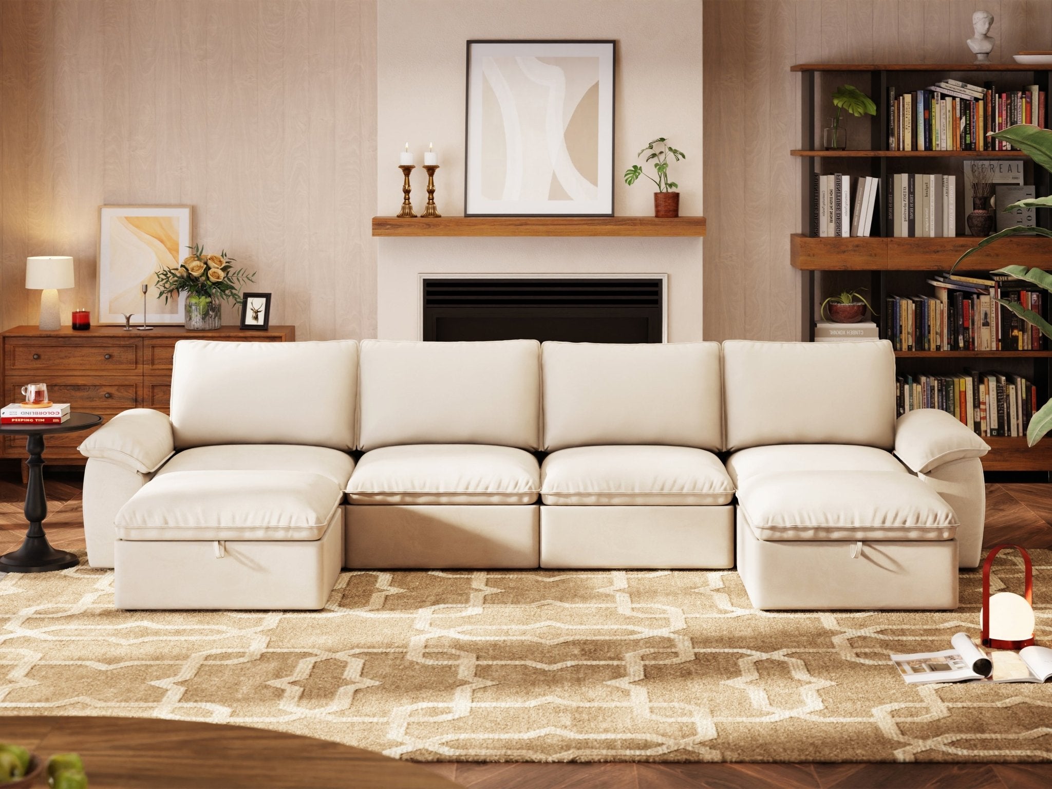 SOMA Origins II oat beige 6 seat U-shaped modular recliner sofa with nap armrests and ottoman