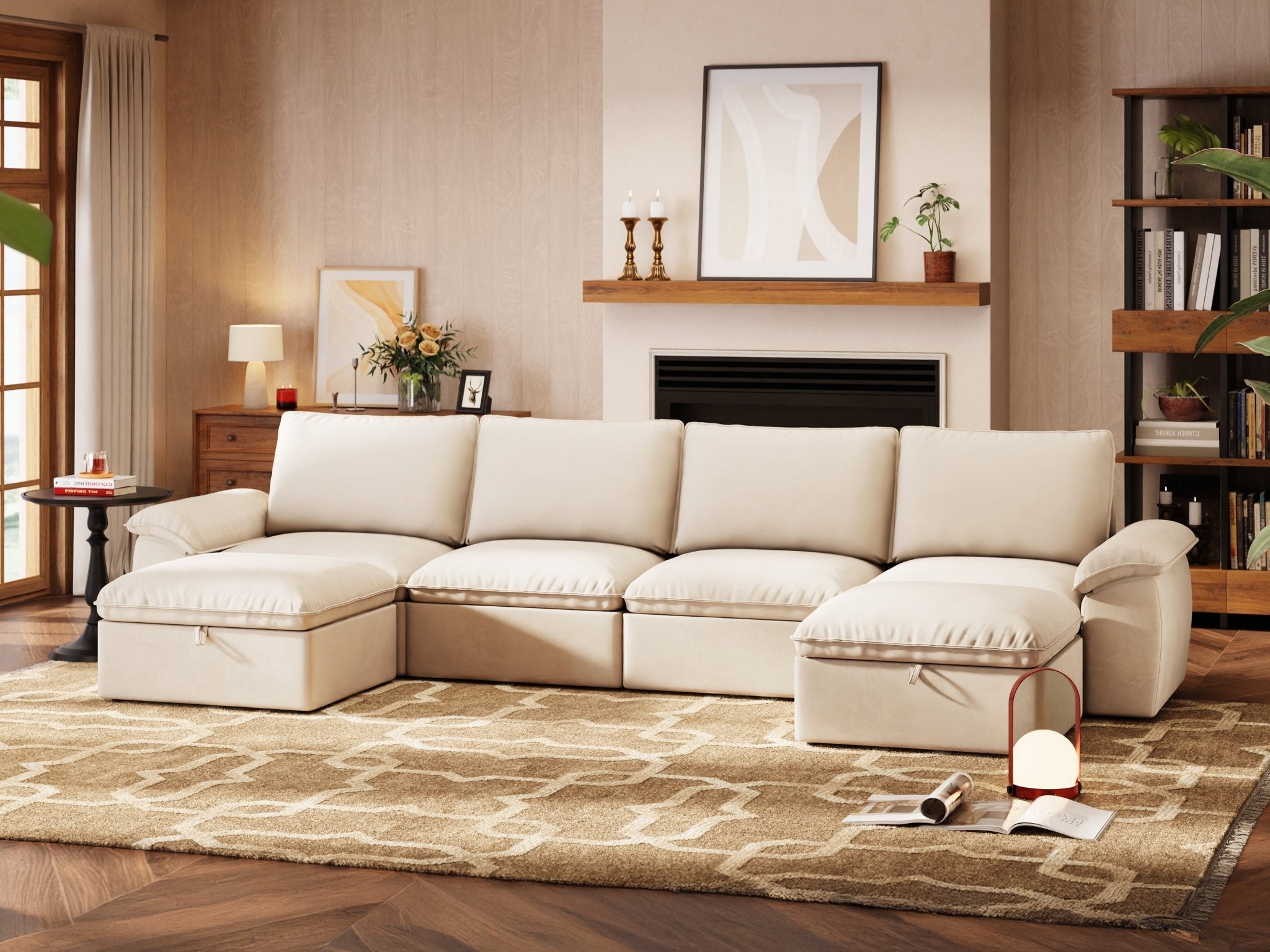 SOMA Origins II oat beige 6 seat U-shaped modular recliner sofa with nap armrests and ottoman