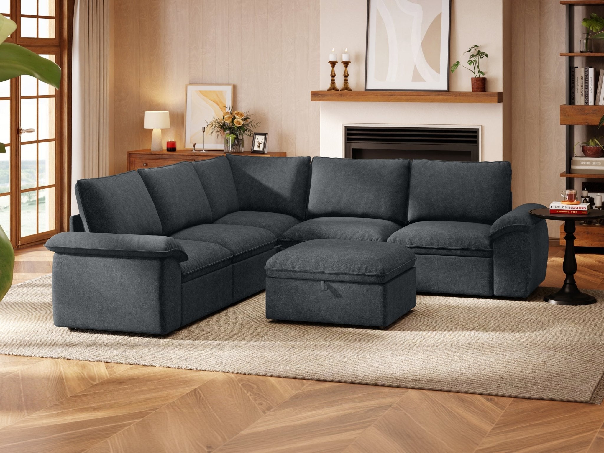 SOMA Origins II charcoal gray 6 seat V-shaped modular recliner sofa with nap armrests and ottoman