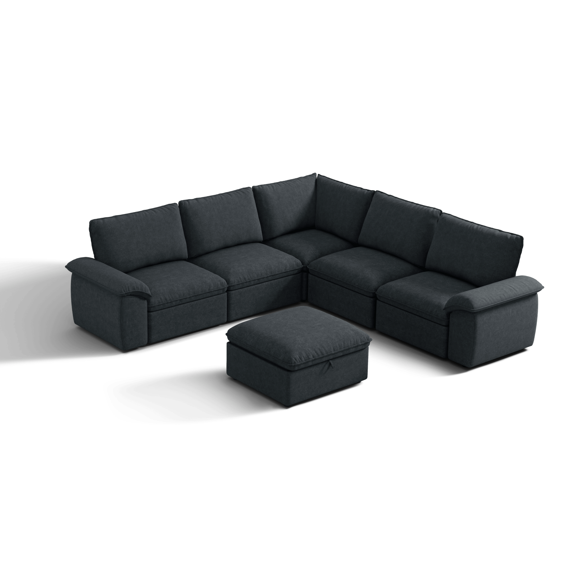 SOMA Origins II charcoal gray 6 seat V-shaped modular recliner sofa with nap armrests and ottoman