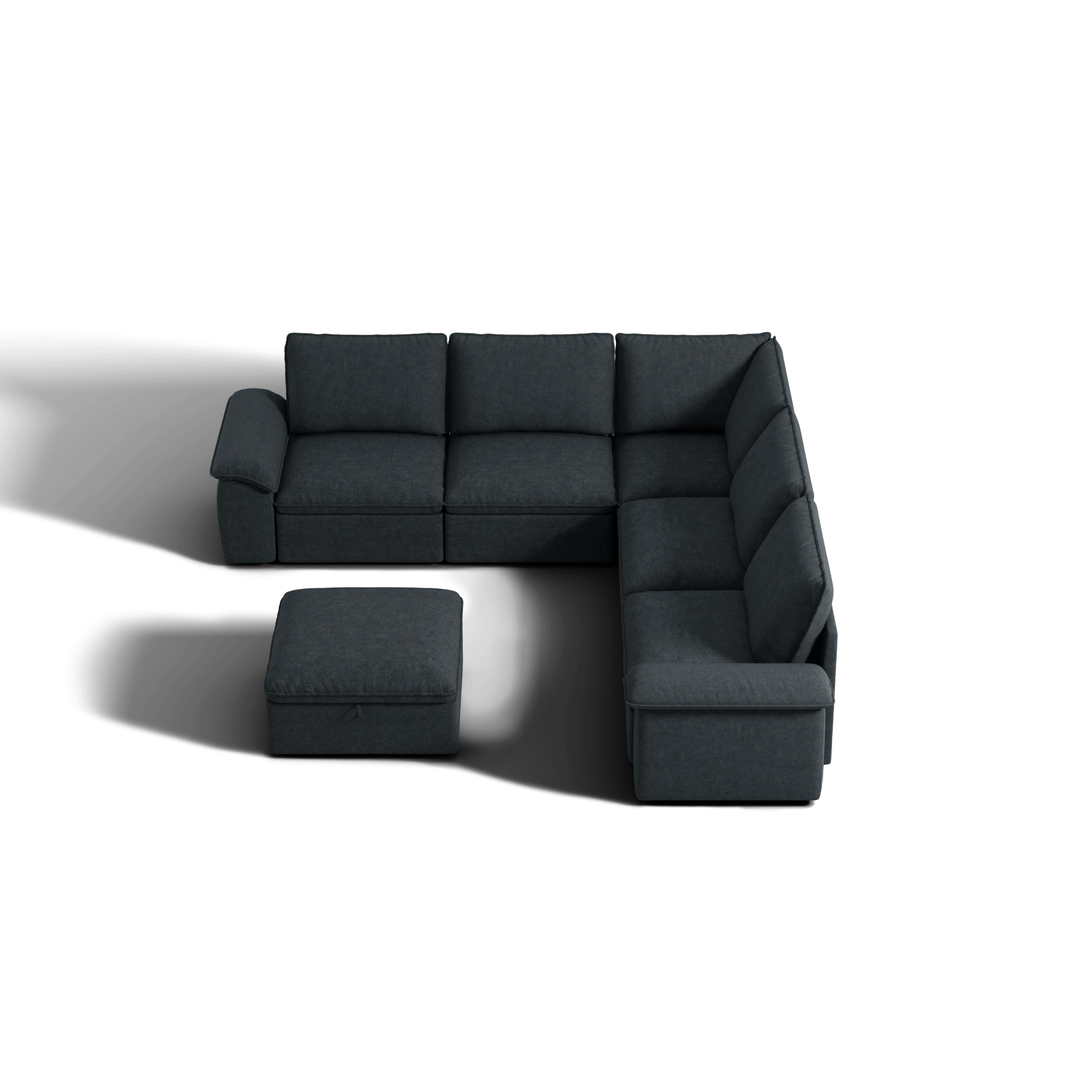 SOMA Origins II charcoal gray V-shaped sofa bed layout with chaise and nap armrests