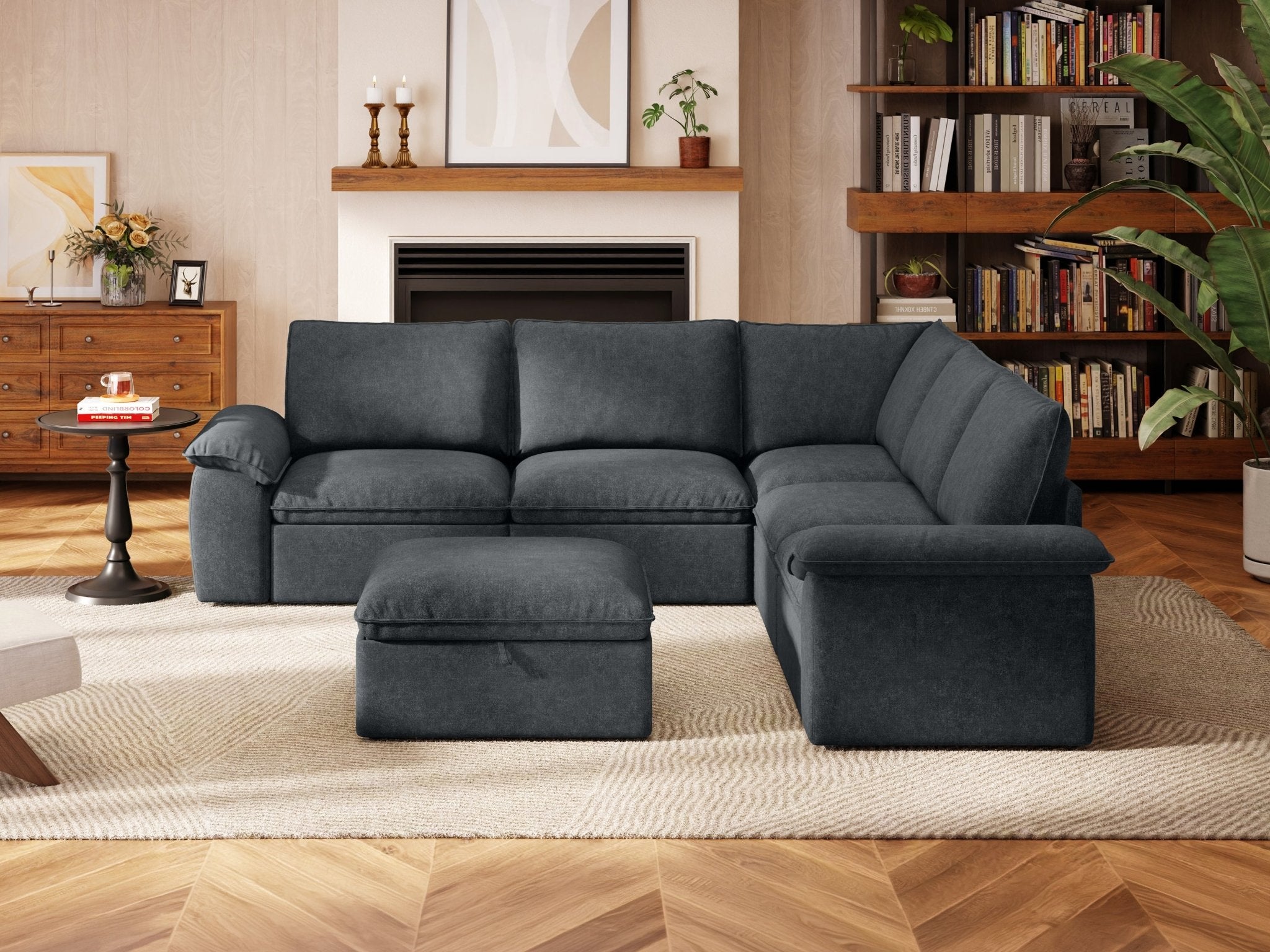 SOMA Origins II charcoal gray 6 seat V-shaped modular recliner sofa with nap armrests and ottoman