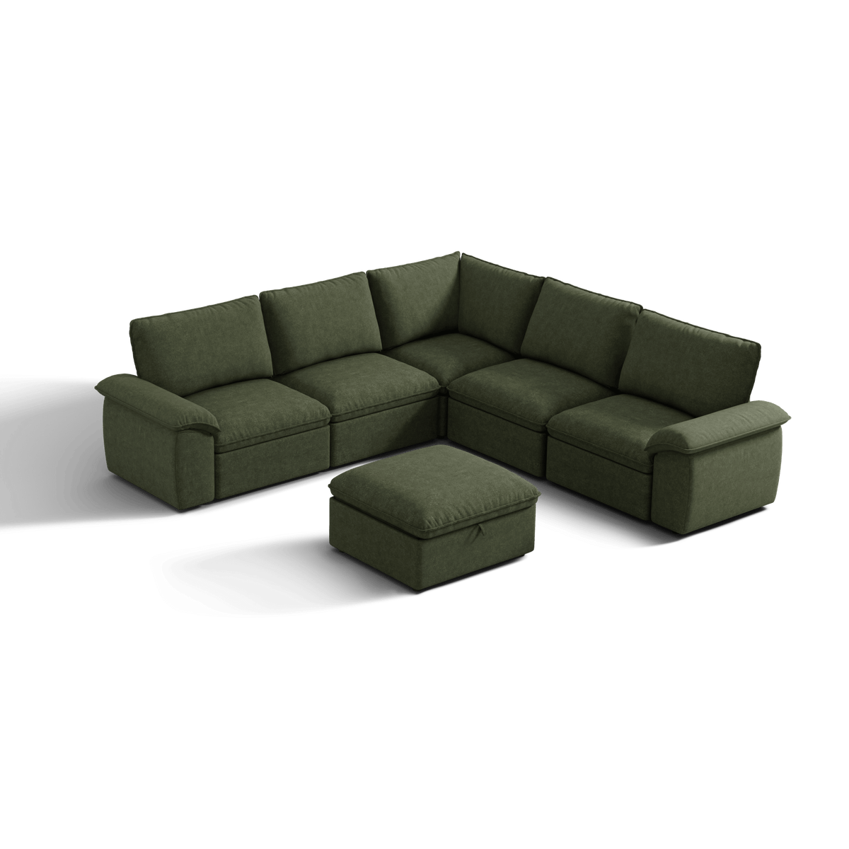 SOMA Origins II forest green 6 seat V-shaped modular recliner sofa with nap armrests and ottoman