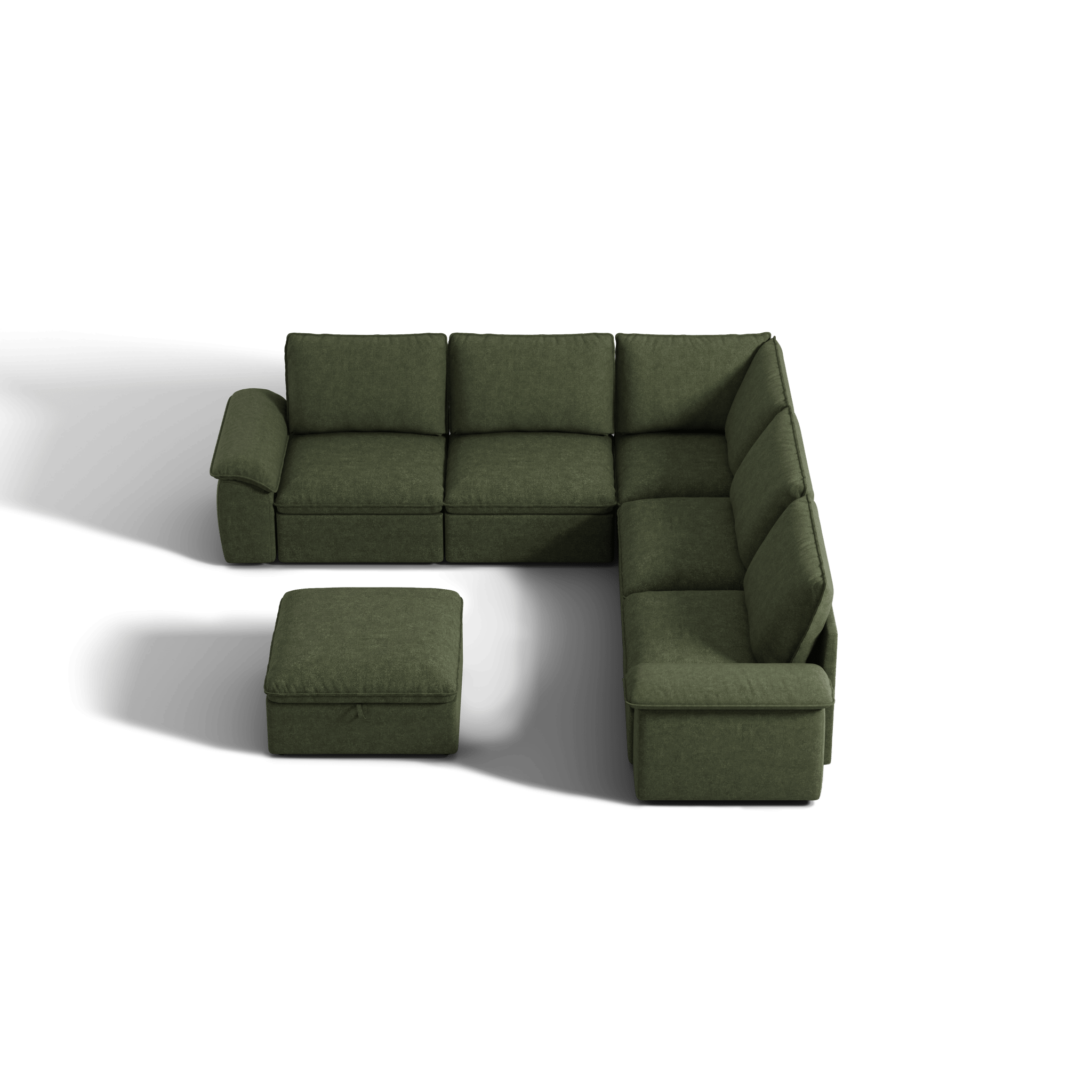 SOMA Origins II forest green V-shaped sofa bed layout with chaise and nap armrests