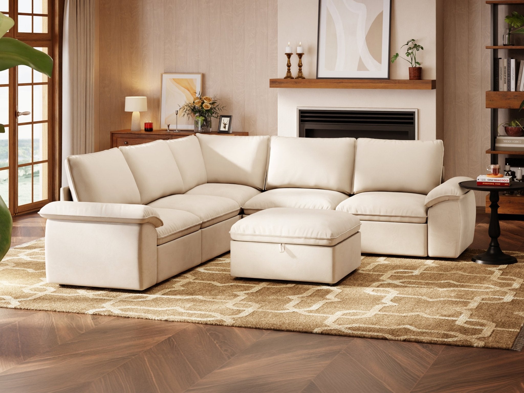 SOMA Origins II oat beige 6 seat V-shaped modular recliner sofa with nap armrests and ottoman