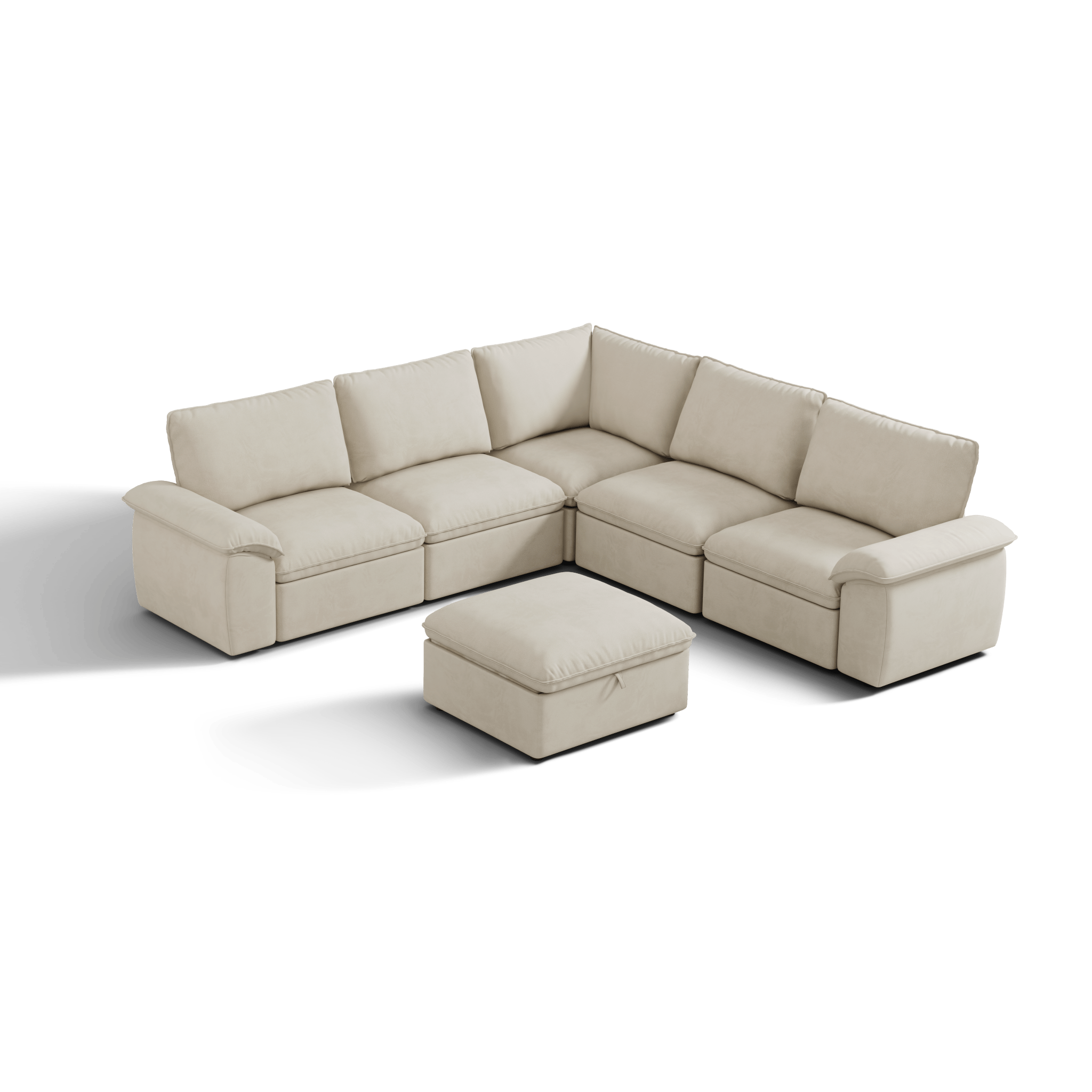 SOMA Origins II oat beige 6 seat V-shaped modular recliner sofa with nap armrests and ottoman