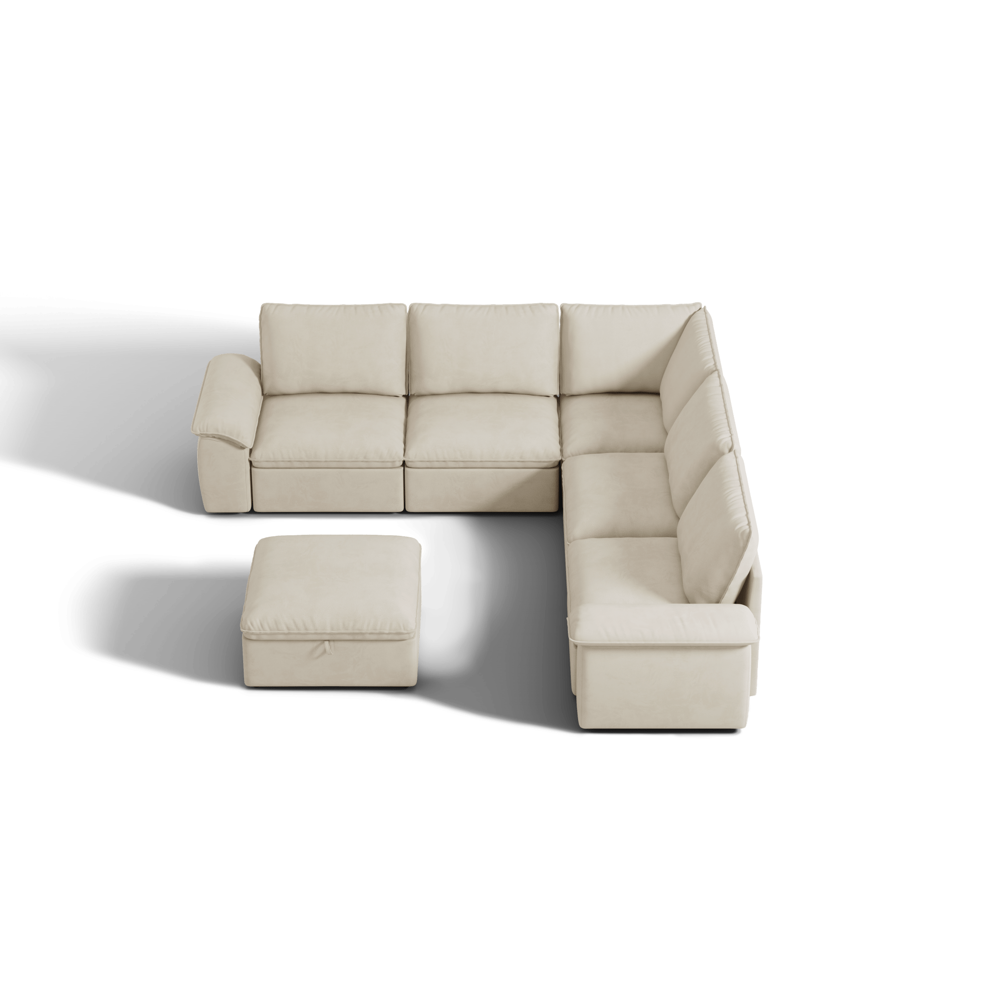 SOMA Origins II oat beige V-shaped sofa bed layout with chaise and nap armrests