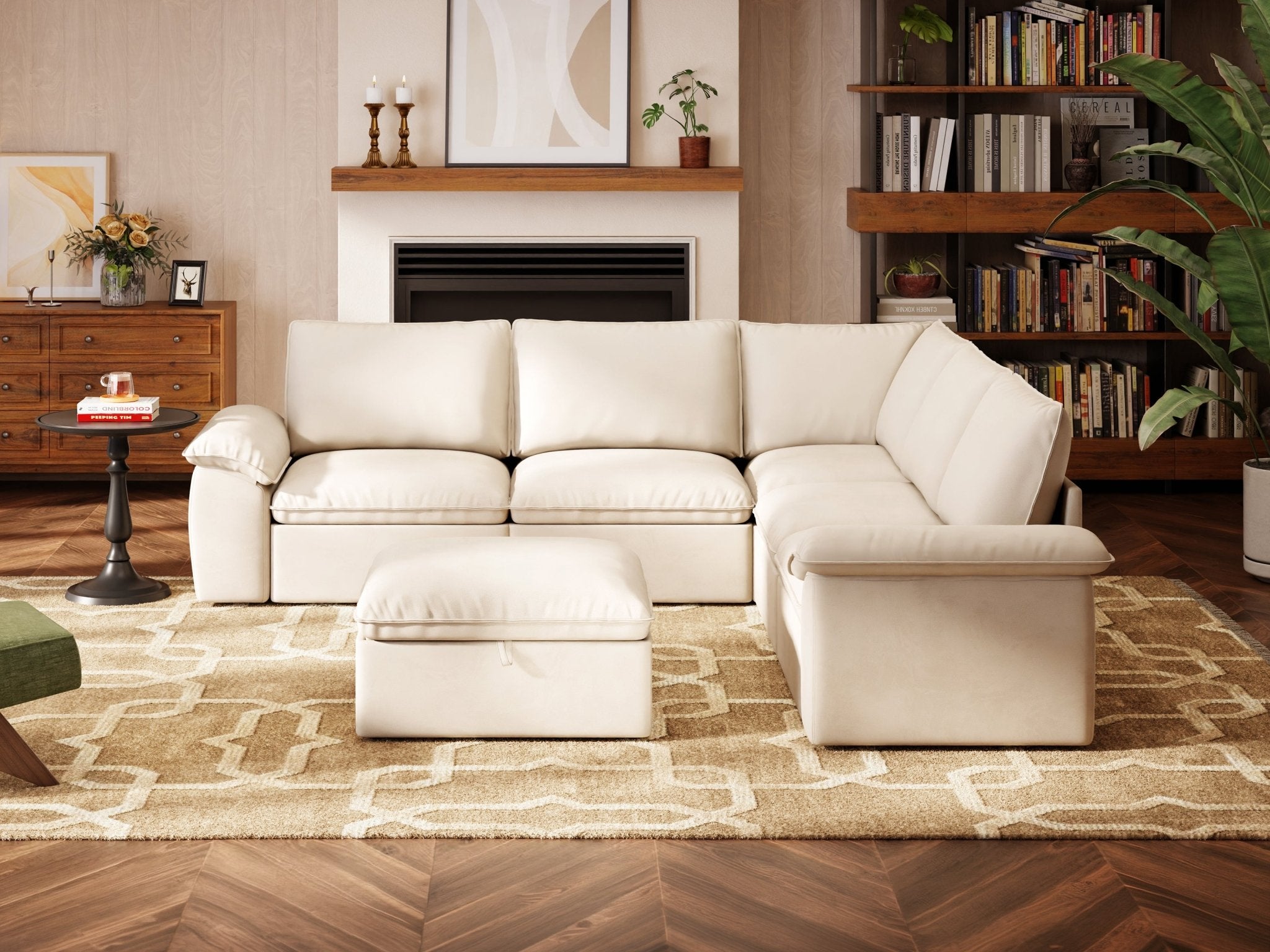 SOMA Origins II oat beige 6 seat V-shaped modular recliner sofa with nap armrests and ottoman