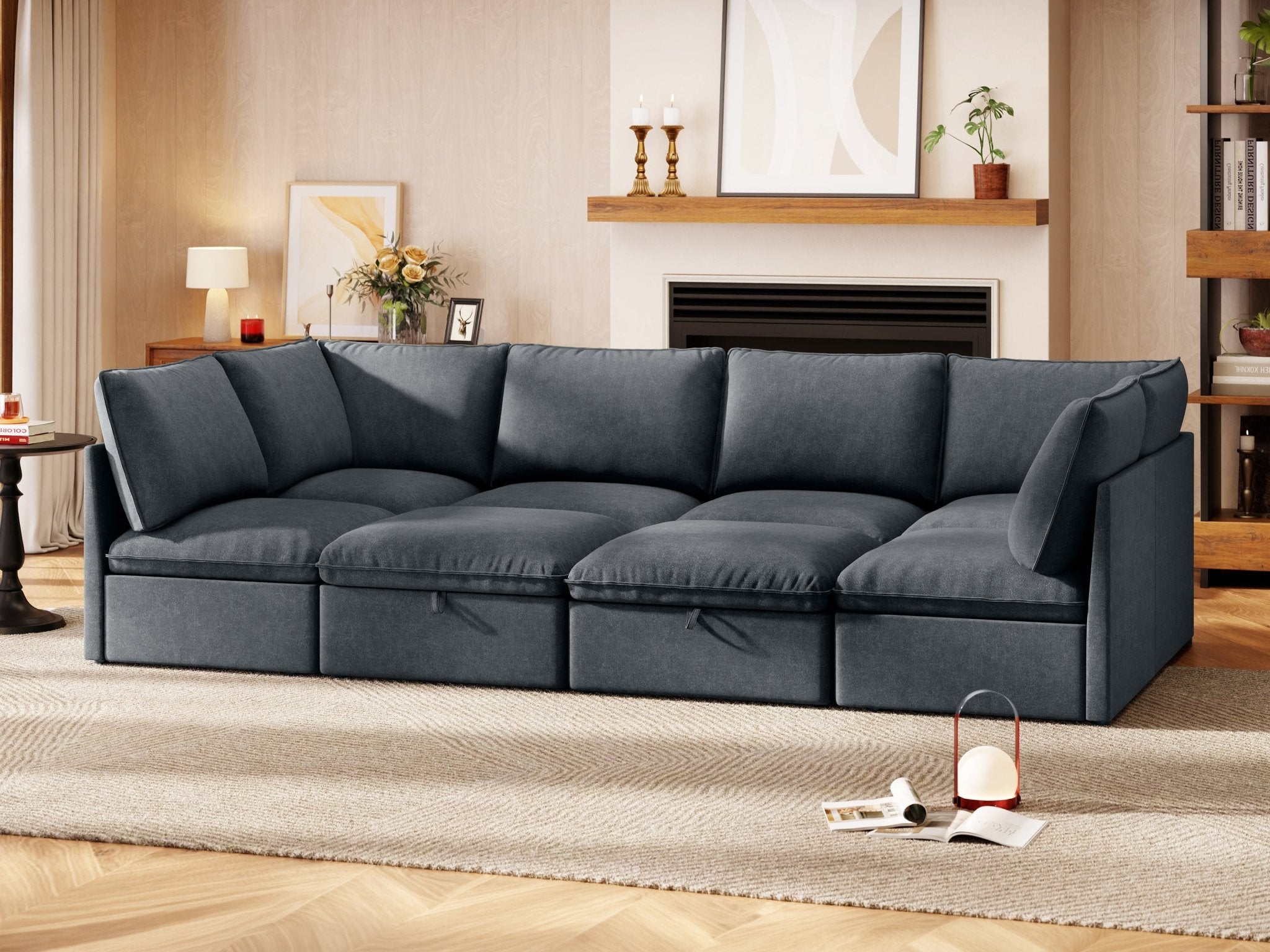 SOMA Origins I charcoal gray modular sleeper sofa styled in a modern living room