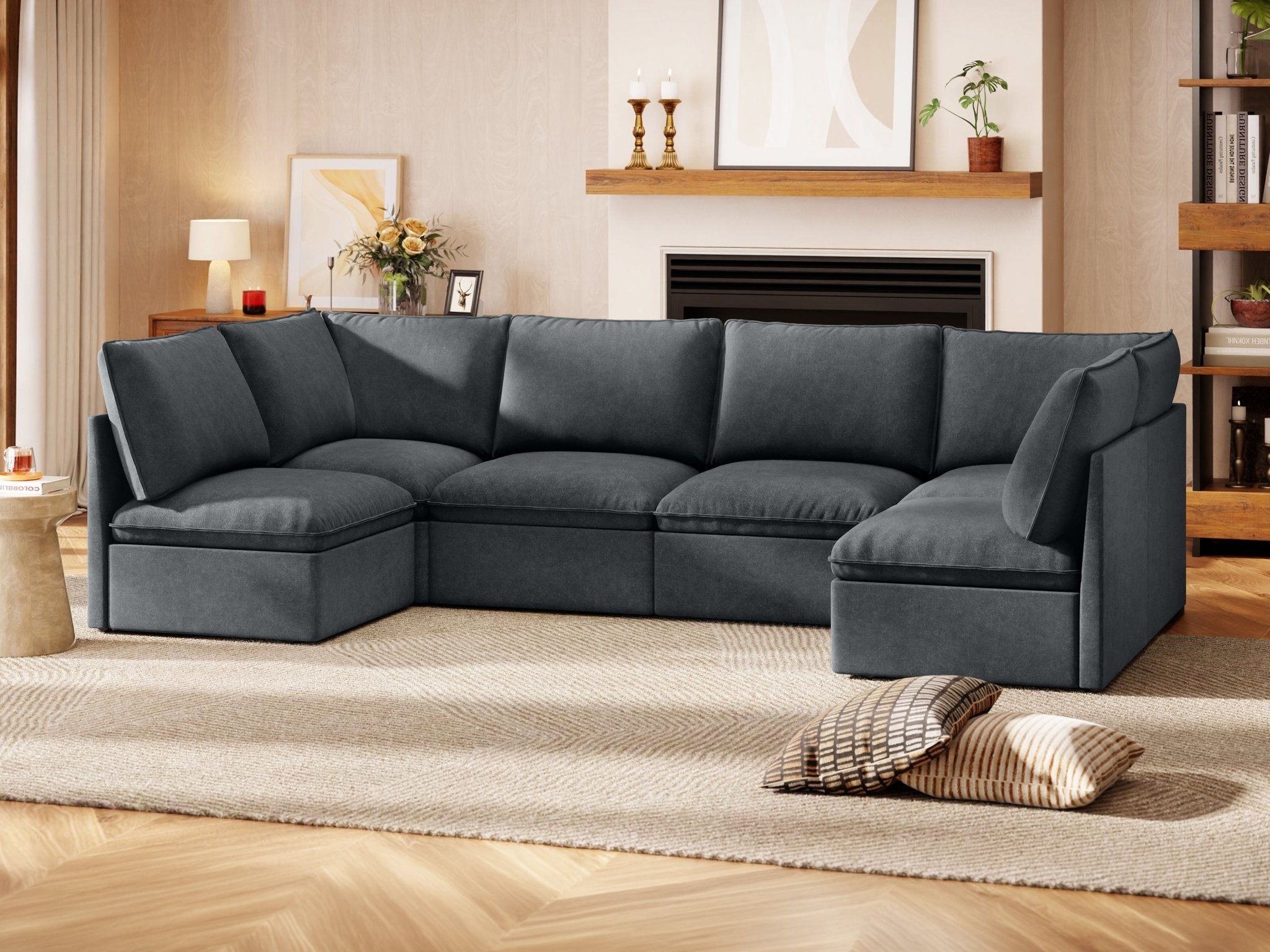 SOMA Origins I charcoal gray U-shaped modular sofa styled in a warm living room