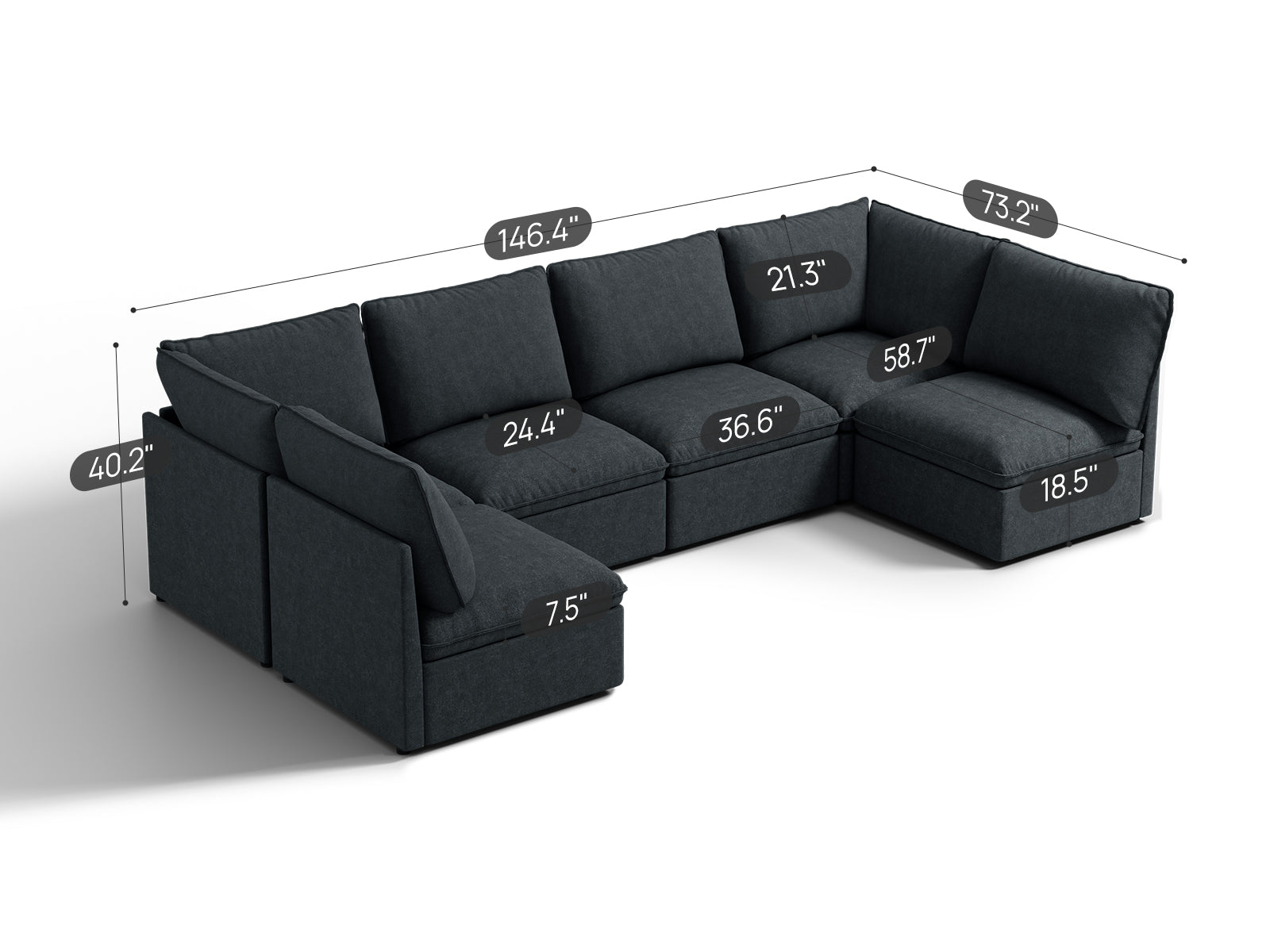 SOMA Origins I charcoal gray U-shaped modular sofa with dimensions and seat depth details