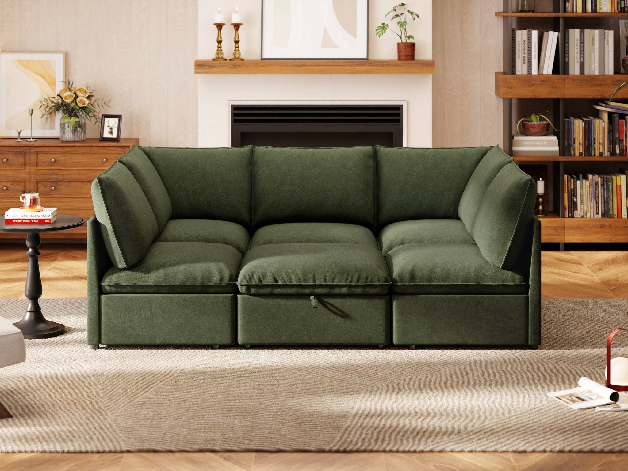 SOMA Origins I forest green 6 seat sectional sofa front view with plush back cushions
