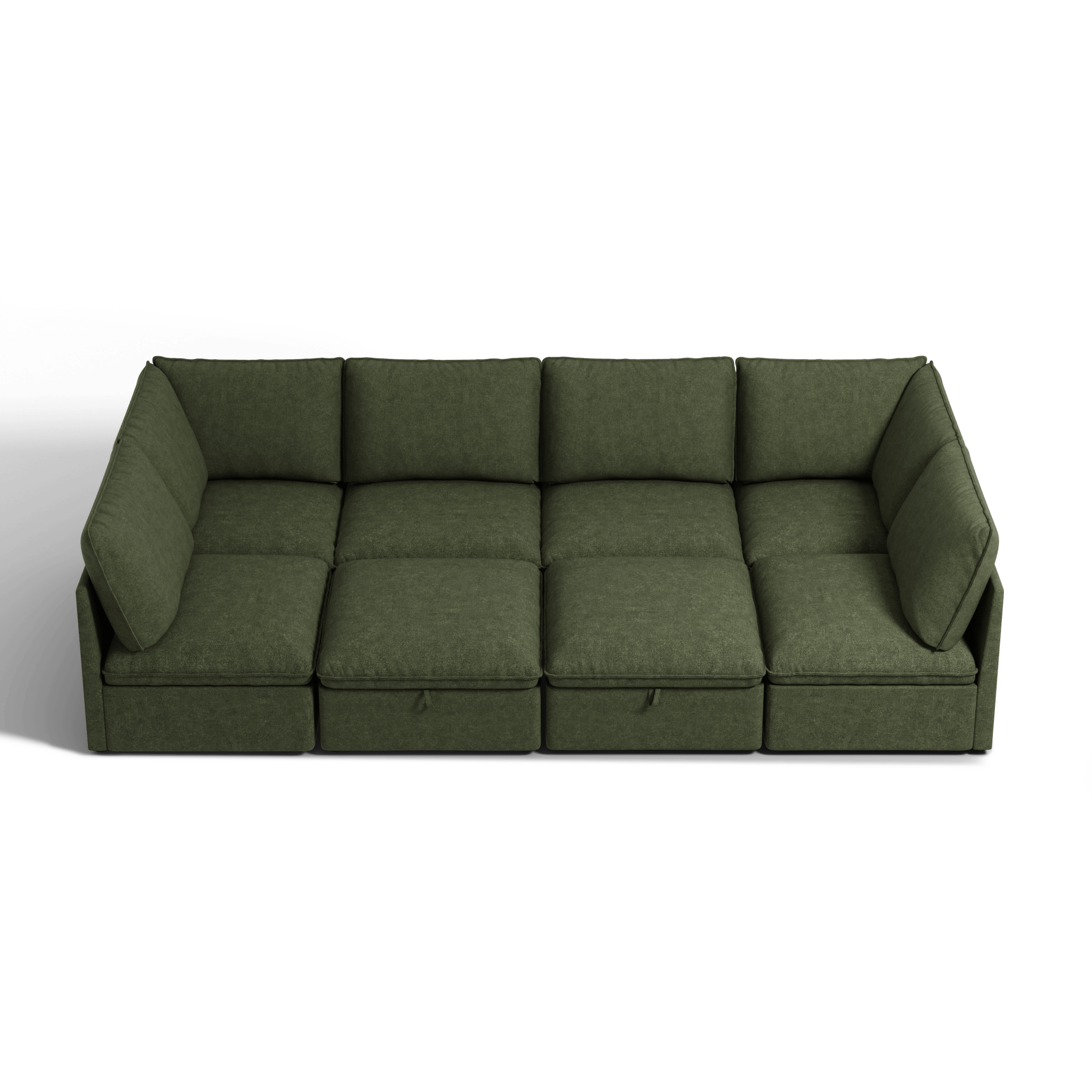 SOMA Origins I forest green modular sleeper sofa layout with deep seating and ottomans