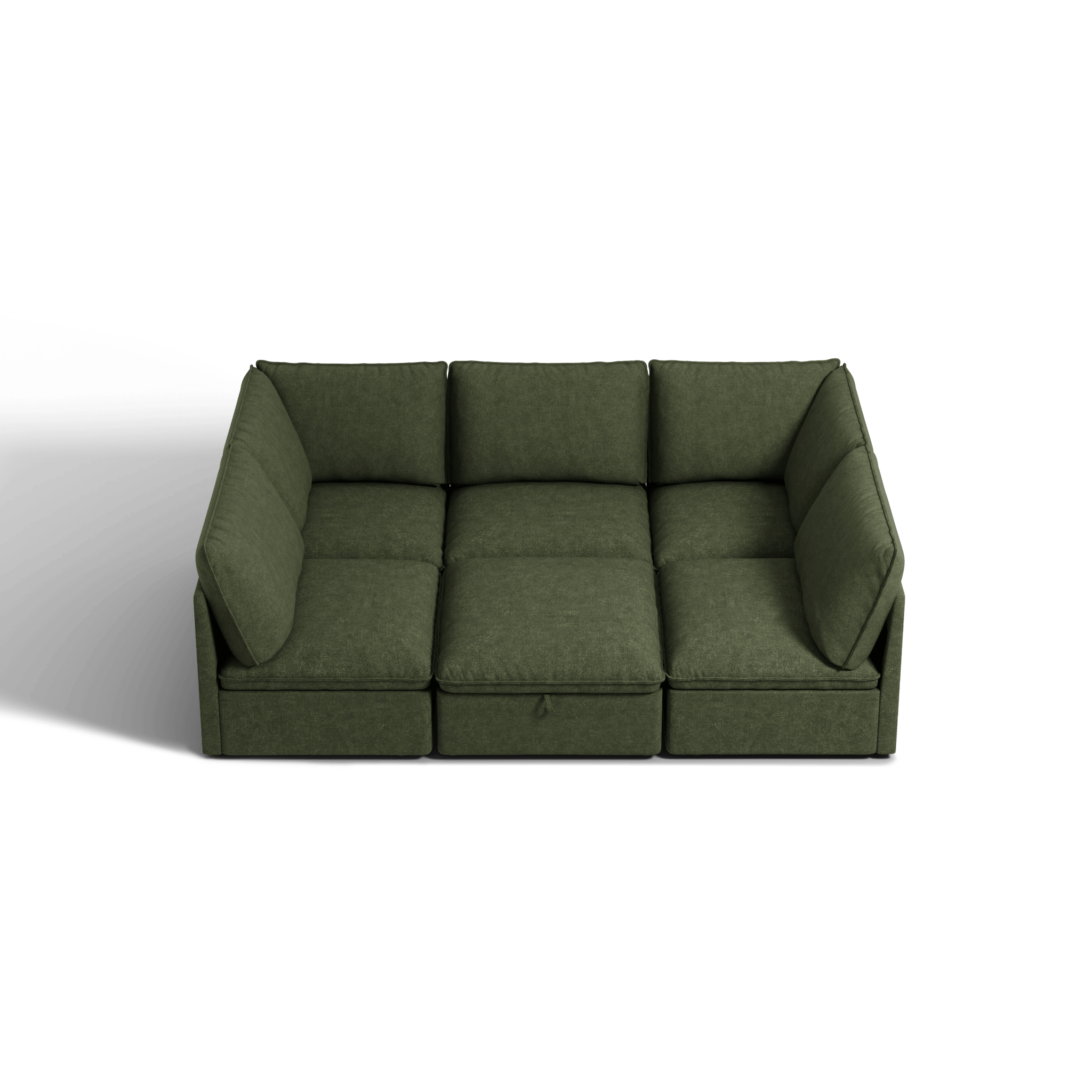 SOMA Origins I forest green modular sofa shown from above with corner seating and deep cushions