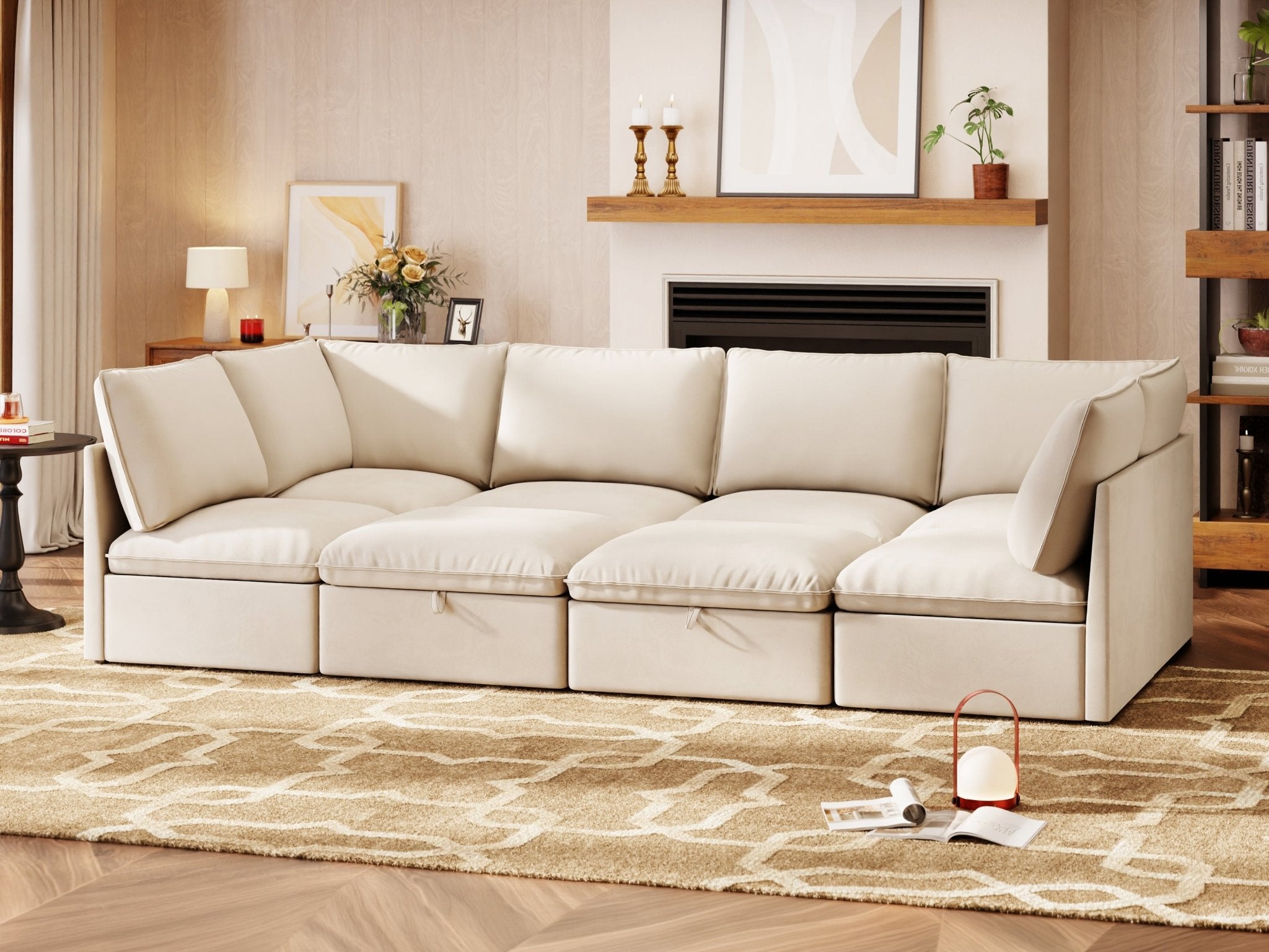 SOMA Origins I oat beige modular sleeper sofa styled in a cozy living room