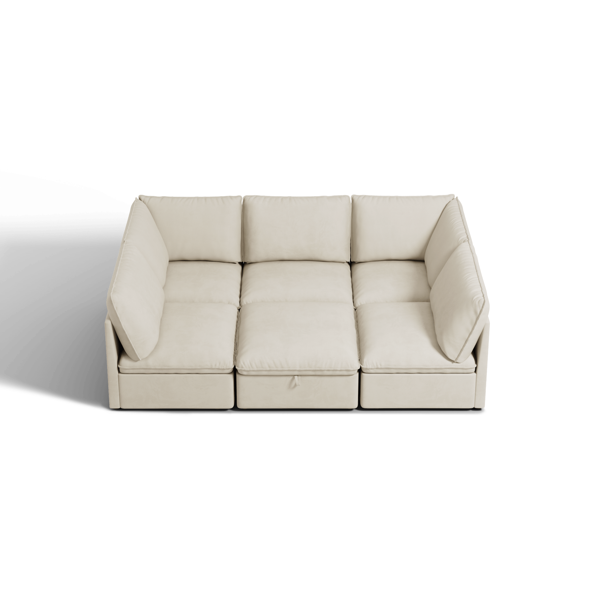 SOMA Origins I oat beige modular sleeper sofa with dimensions and seat depth details