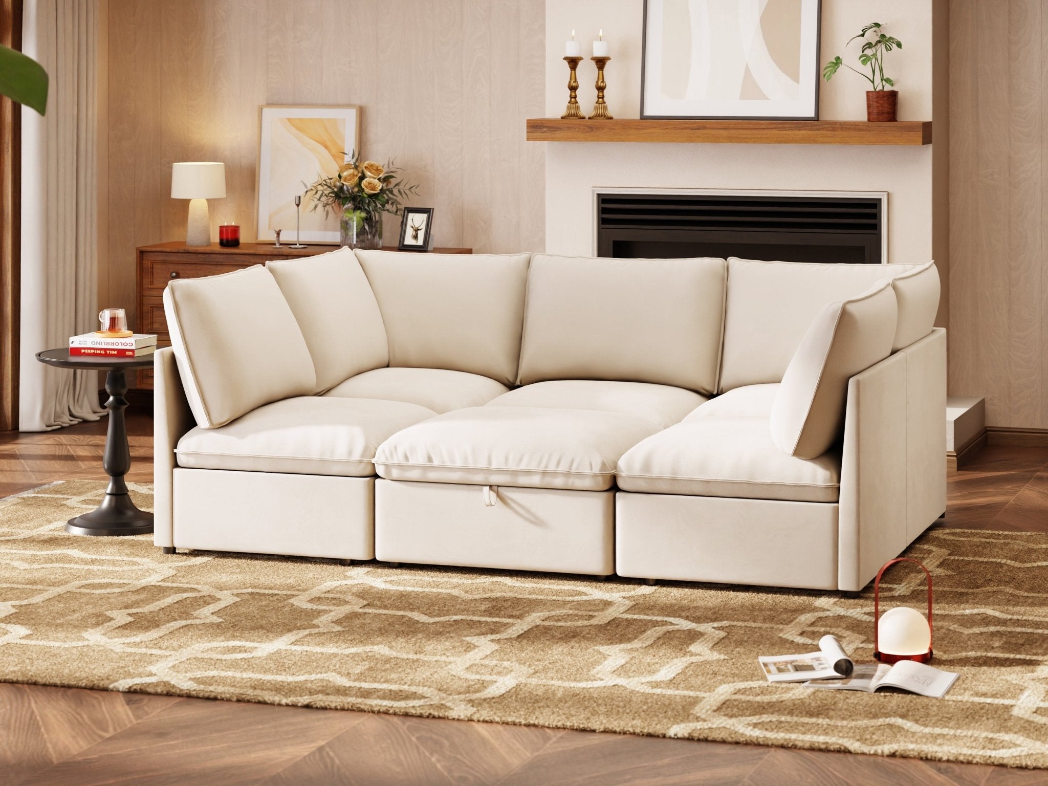 SOMA Origins I oat beige modular sofa styled in a cozy living room with deep cushions