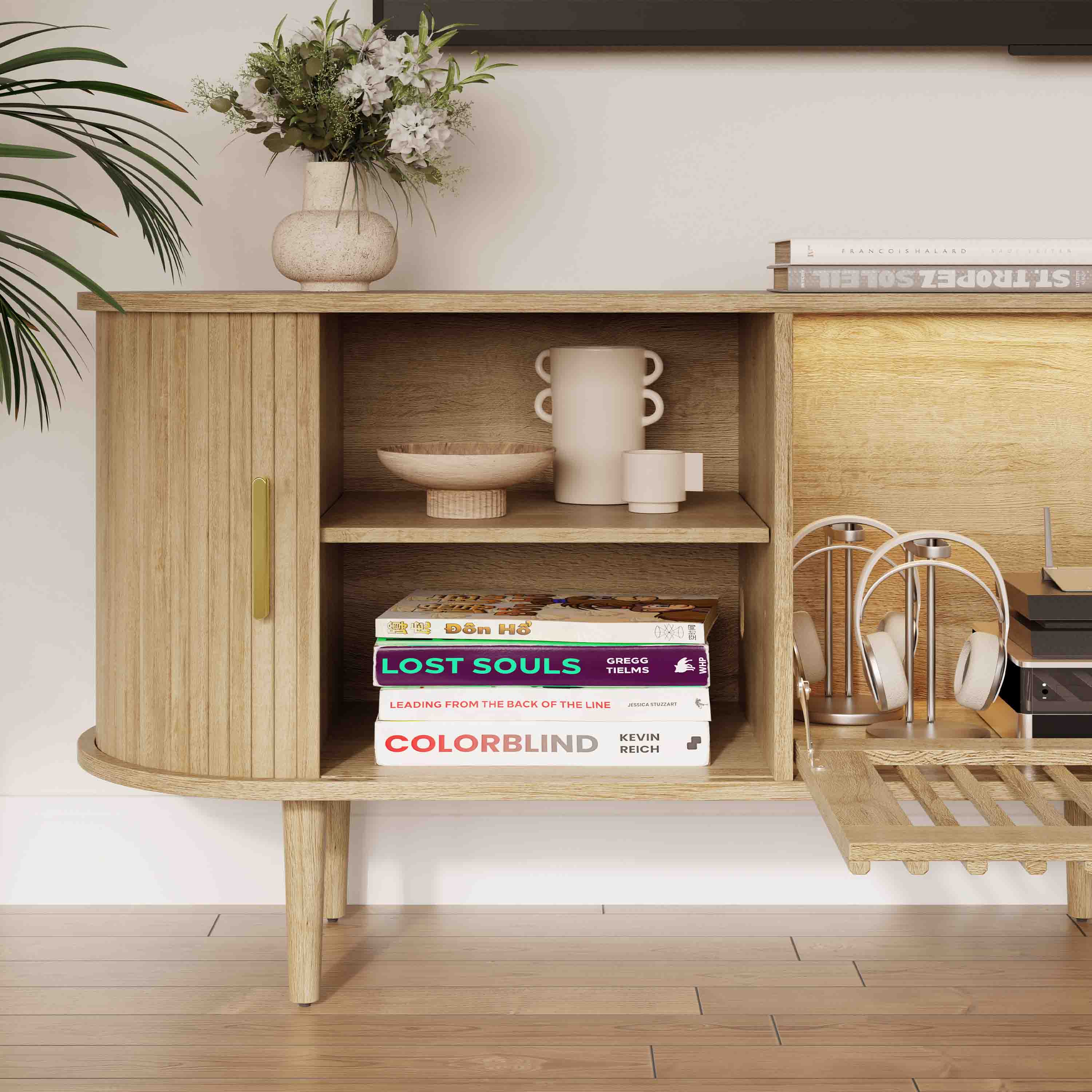 Light wood fluted storage cabinet with rounded edge, open shelves, and slatted doors