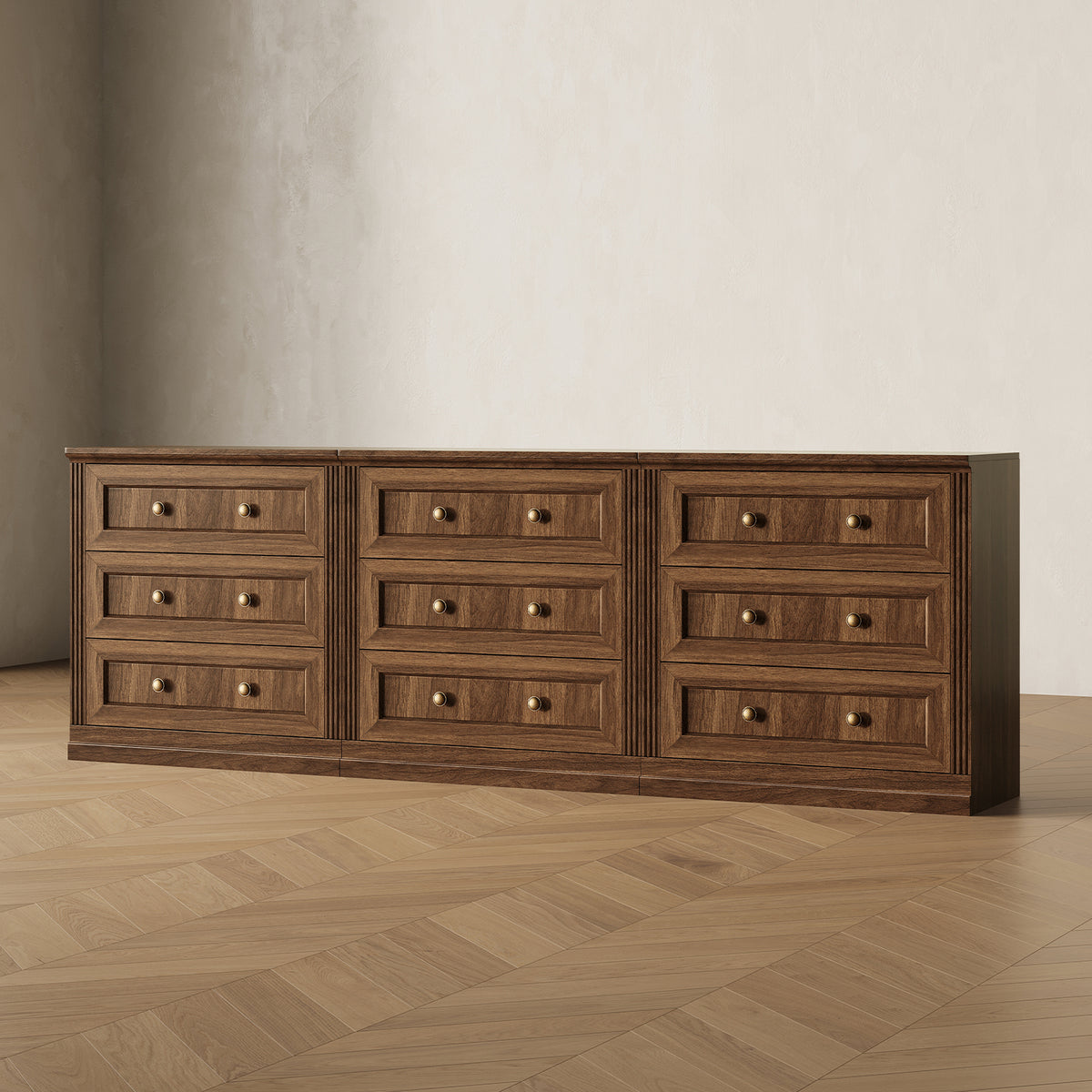 MONOS 3-piece base cabinet set in Walnut, angled view