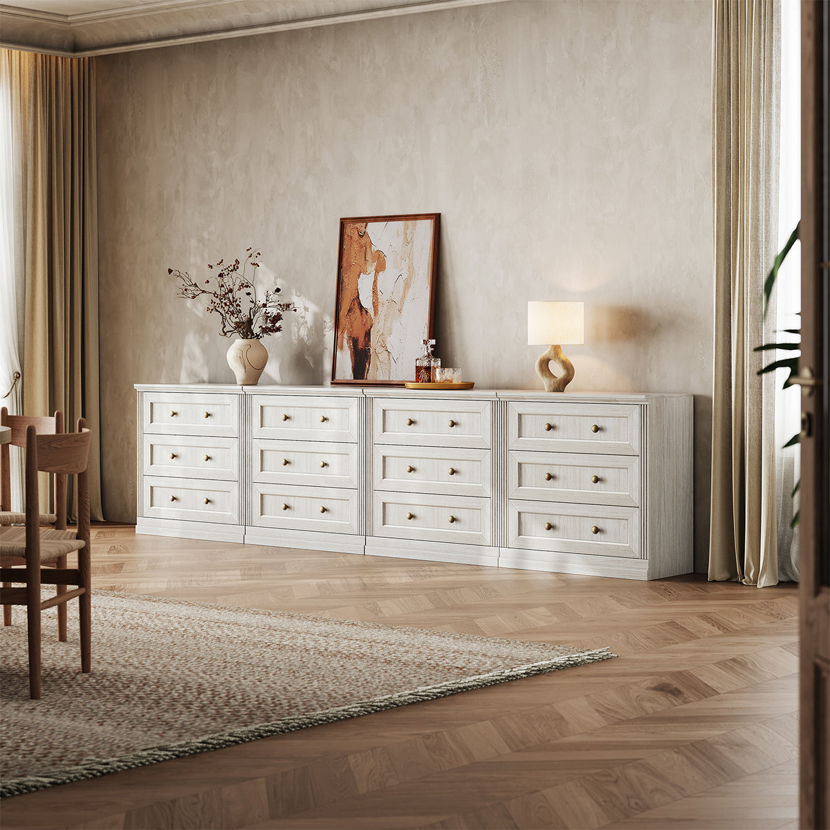 MONOS 4-piece base cabinet set in White in a dining room