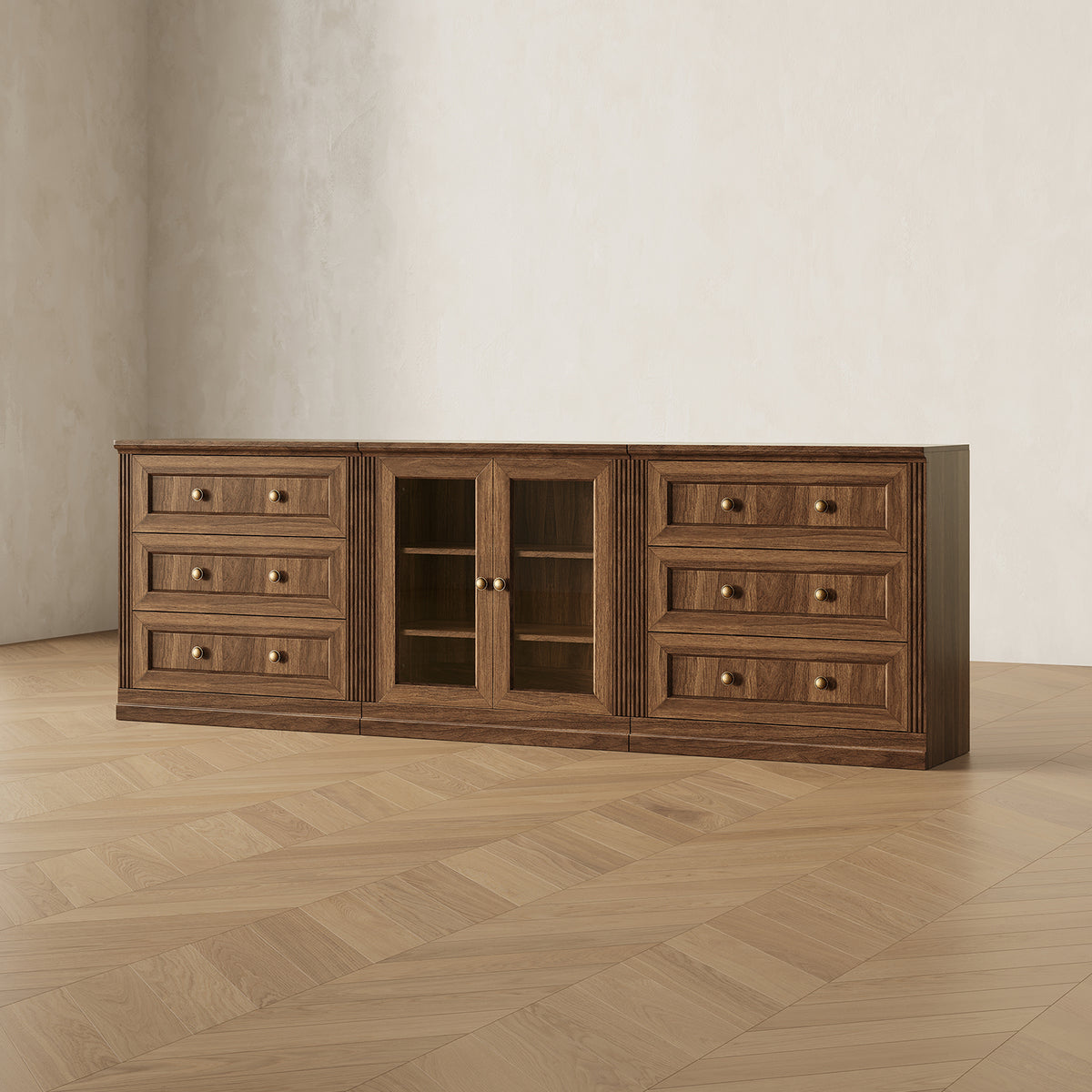 MONOS 3-piece base cabinet set in Walnut, angled view