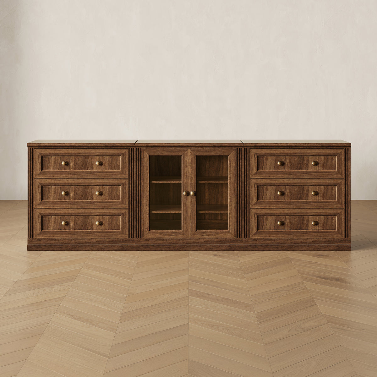 MONOS 3-piece base cabinet set in Walnut, front view