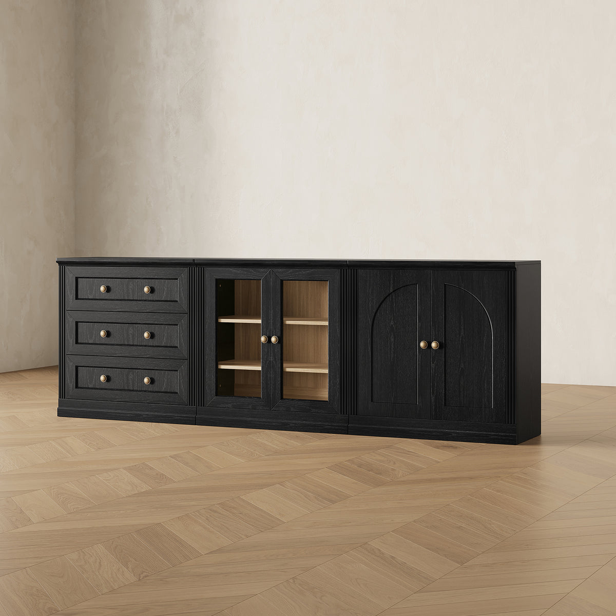 MONOS 3-piece base cabinet set in Black, angled view