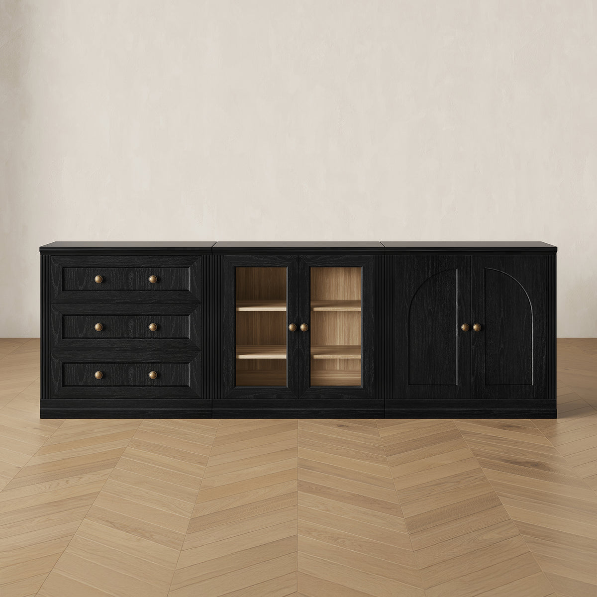 MONOS 3-piece base cabinet set in Black, front view