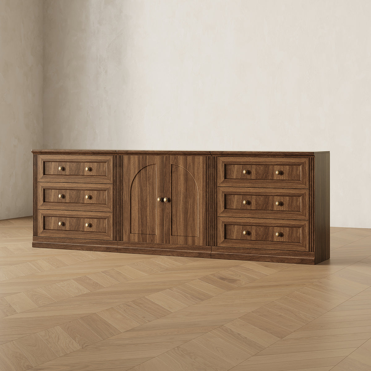 MONOS 3-piece base cabinet set in Walnut, angled view