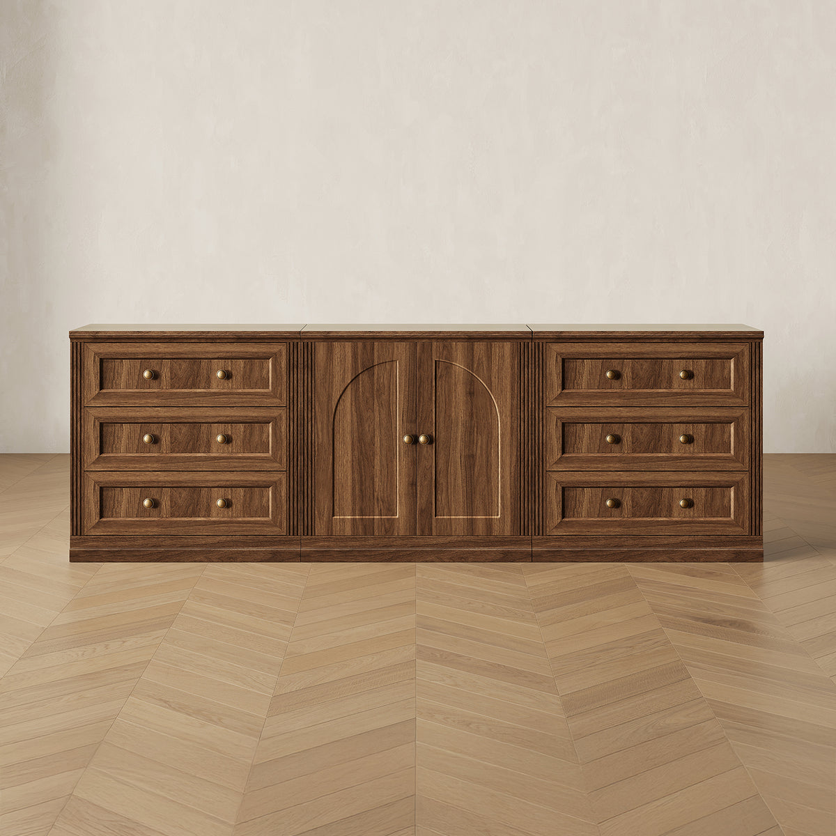 MONOS 3-piece base cabinet set in Walnut, front view