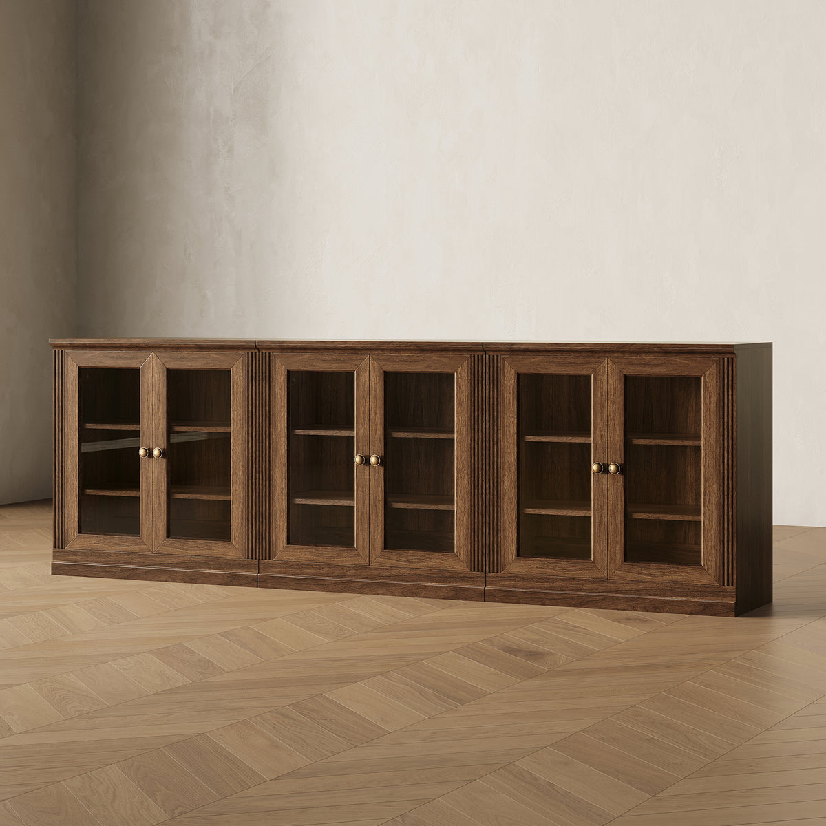 MONOS 3-piece base cabinet set in Walnut, angled view