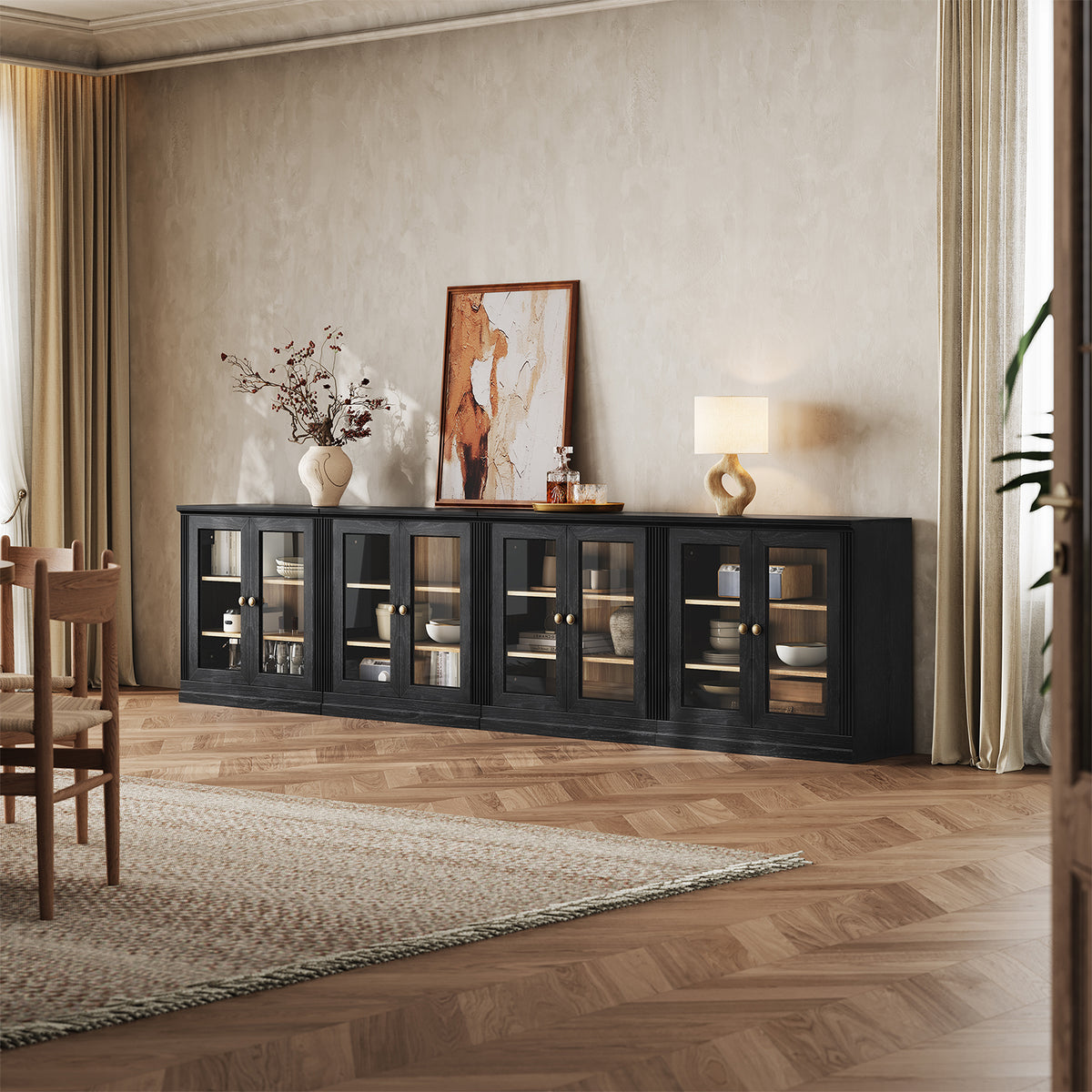 MONOS 4-piece base cabinet set in Black in a dining room