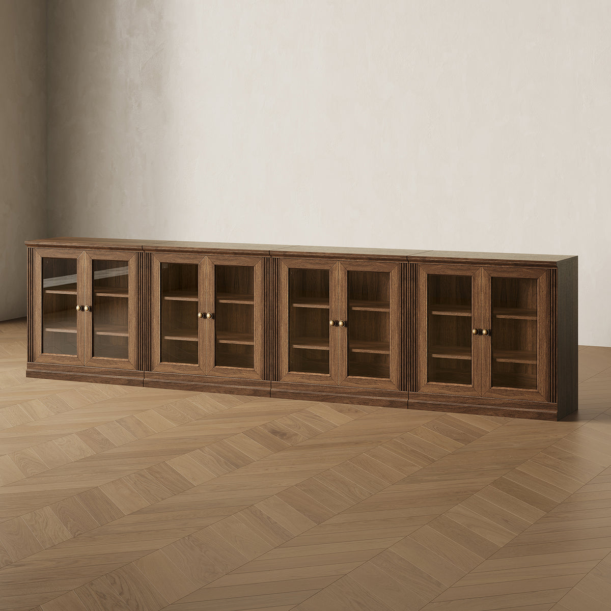 MONOS 4-piece base cabinet set in Walnut, angled view